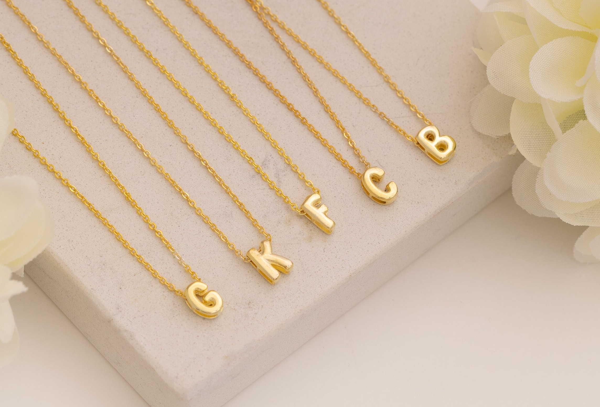 Collana con iniziale in oro 14k, collana con lettera a forma di bolla, collana con lettera, collana con iniziale, collana con nome a forma di bolla, r