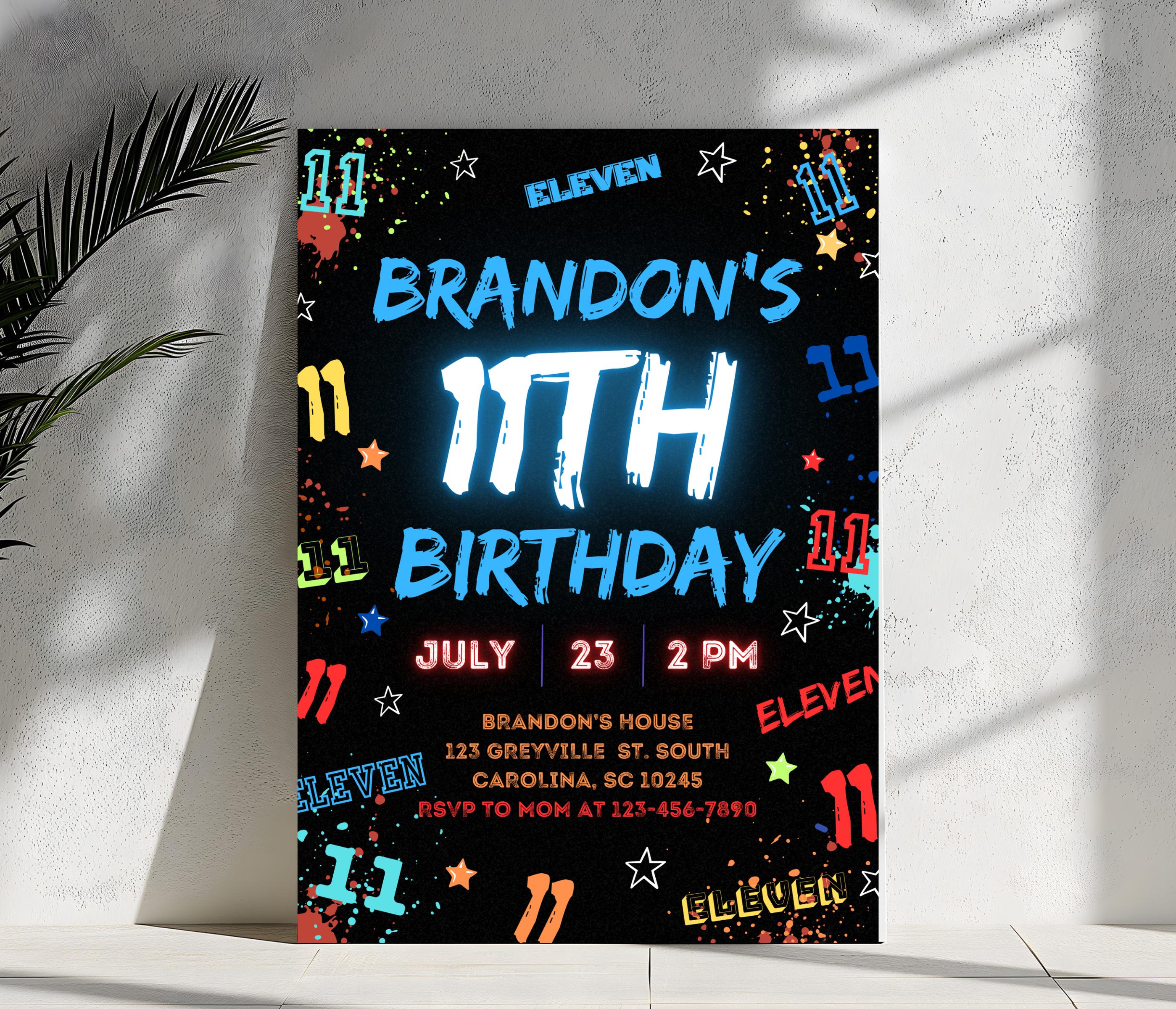 Invito per l'undicesimo compleanno di un ragazzo, invito per festa in bianco e nero modificabile su Canva, modello stampabile per l'undicesimo complea