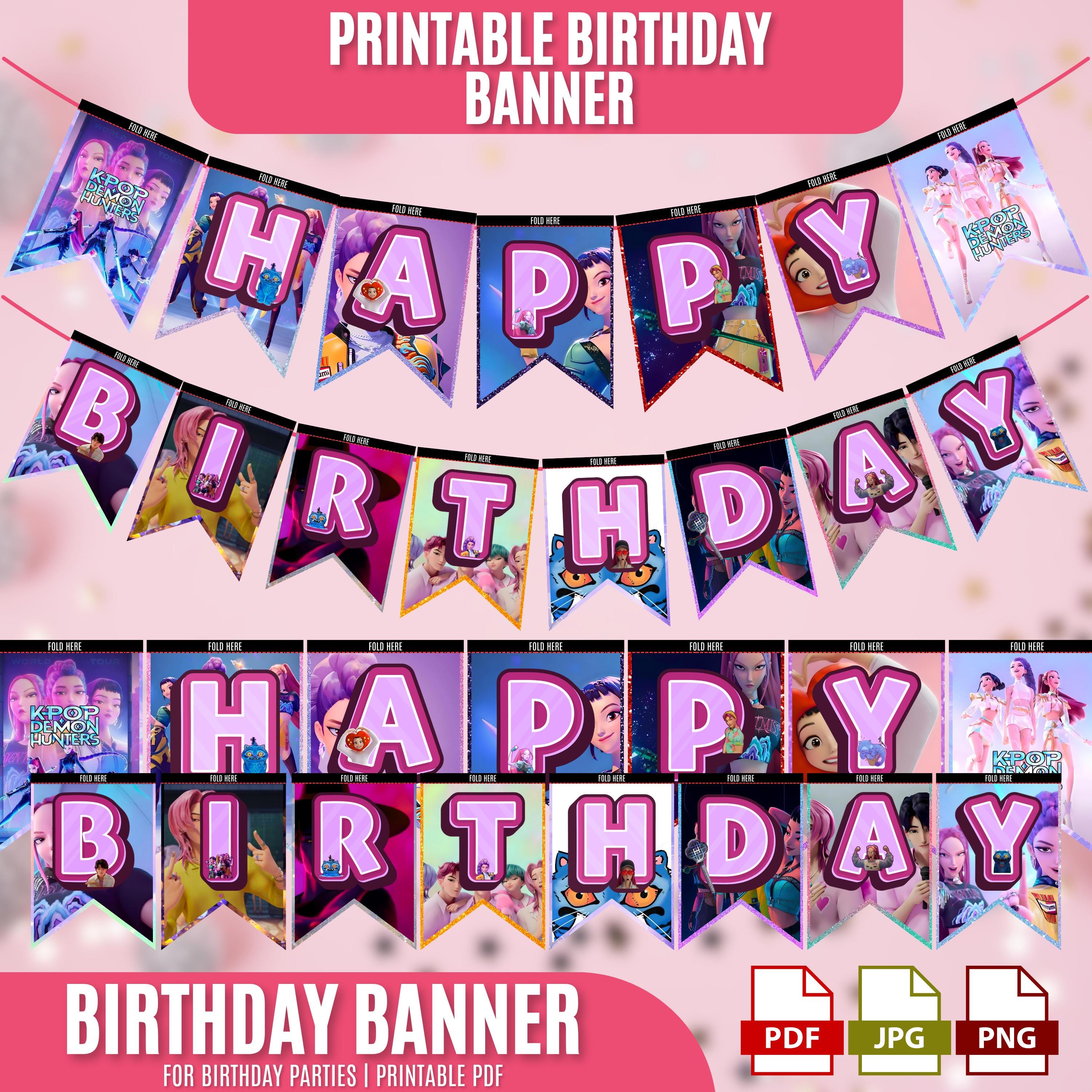 Striscione con bandierine di buon compleanno stampabili KPop Demon Hunter, striscione con bandierine di buon compleanno, ghirlanda di lino per complea
