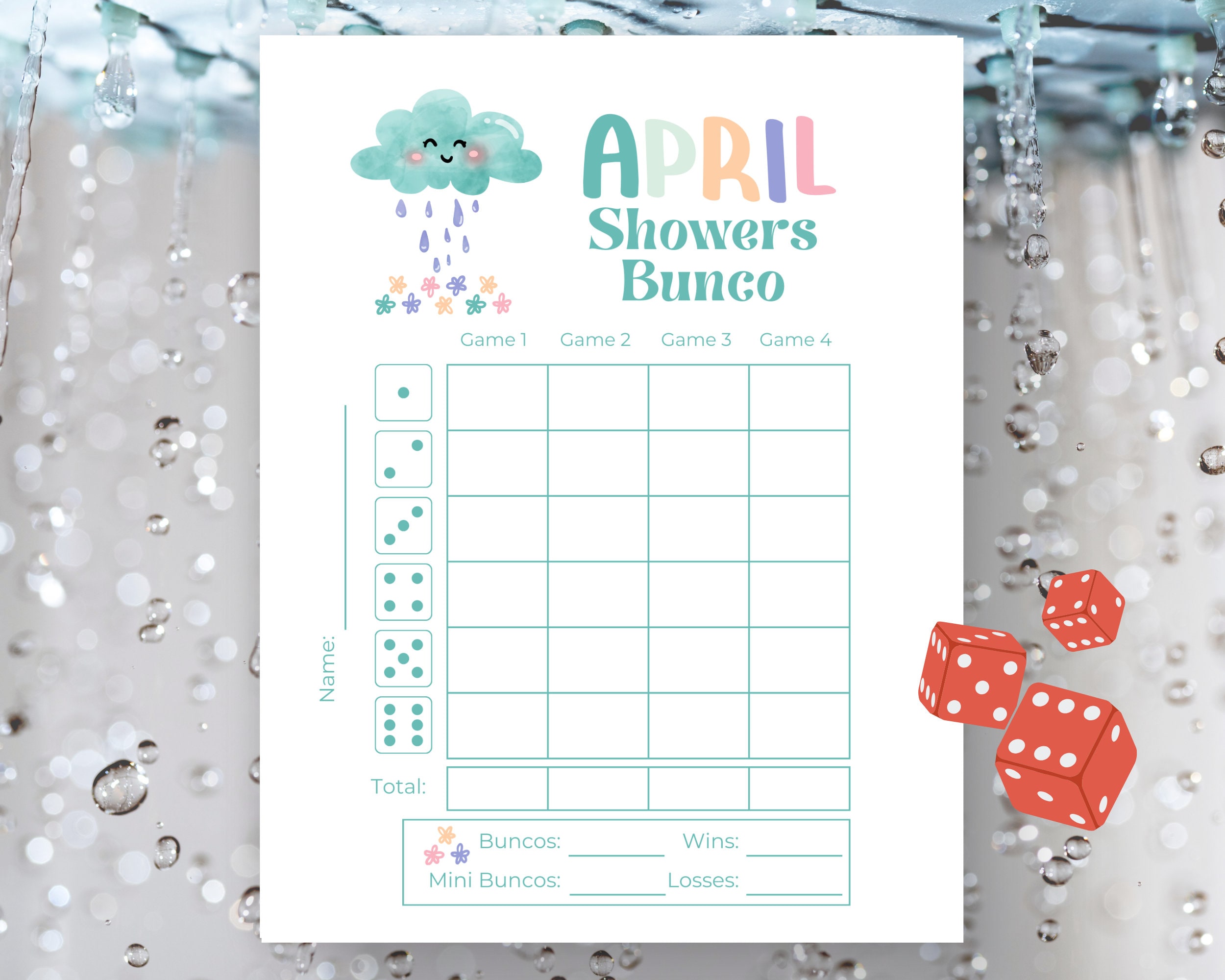 Fogli punteggi Bunco April Showers, Fogli Bunco April, Gioco Bunco April, Carte Bunco Lucky, Festa Bunco April, Gioco di dadi Bunco Spring