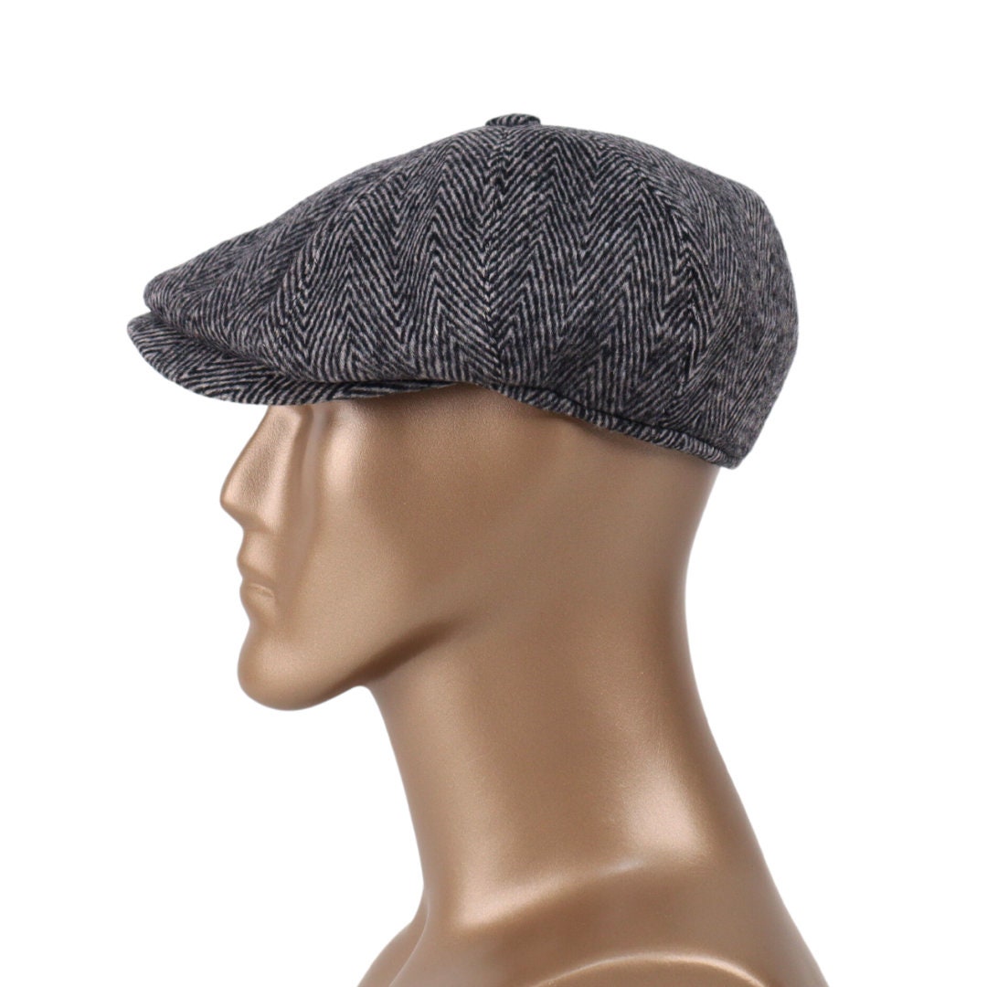 Berretto da giornalaio in lana a spina di pesce: cappello Gatsby grigio fatto a mano, berretto Peaky Blinders