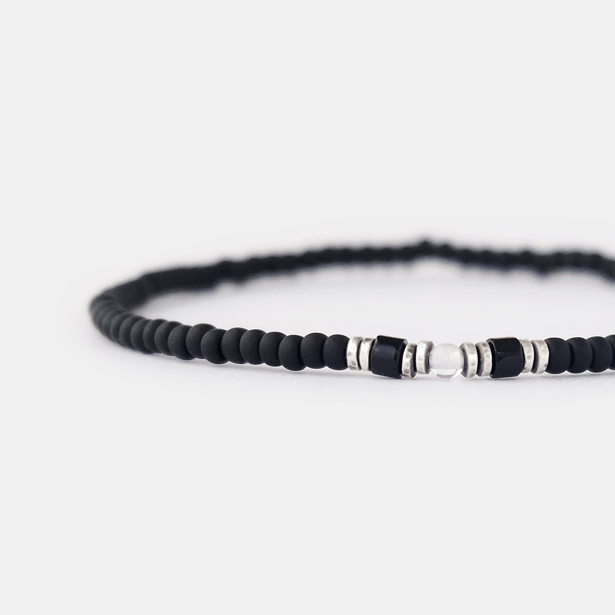 Bracciale da uomo con perline in onice nero e topazio di cristallo, bracciale da uomo con piccole perline e pietre preziose da 3 mm, bracciale elastic