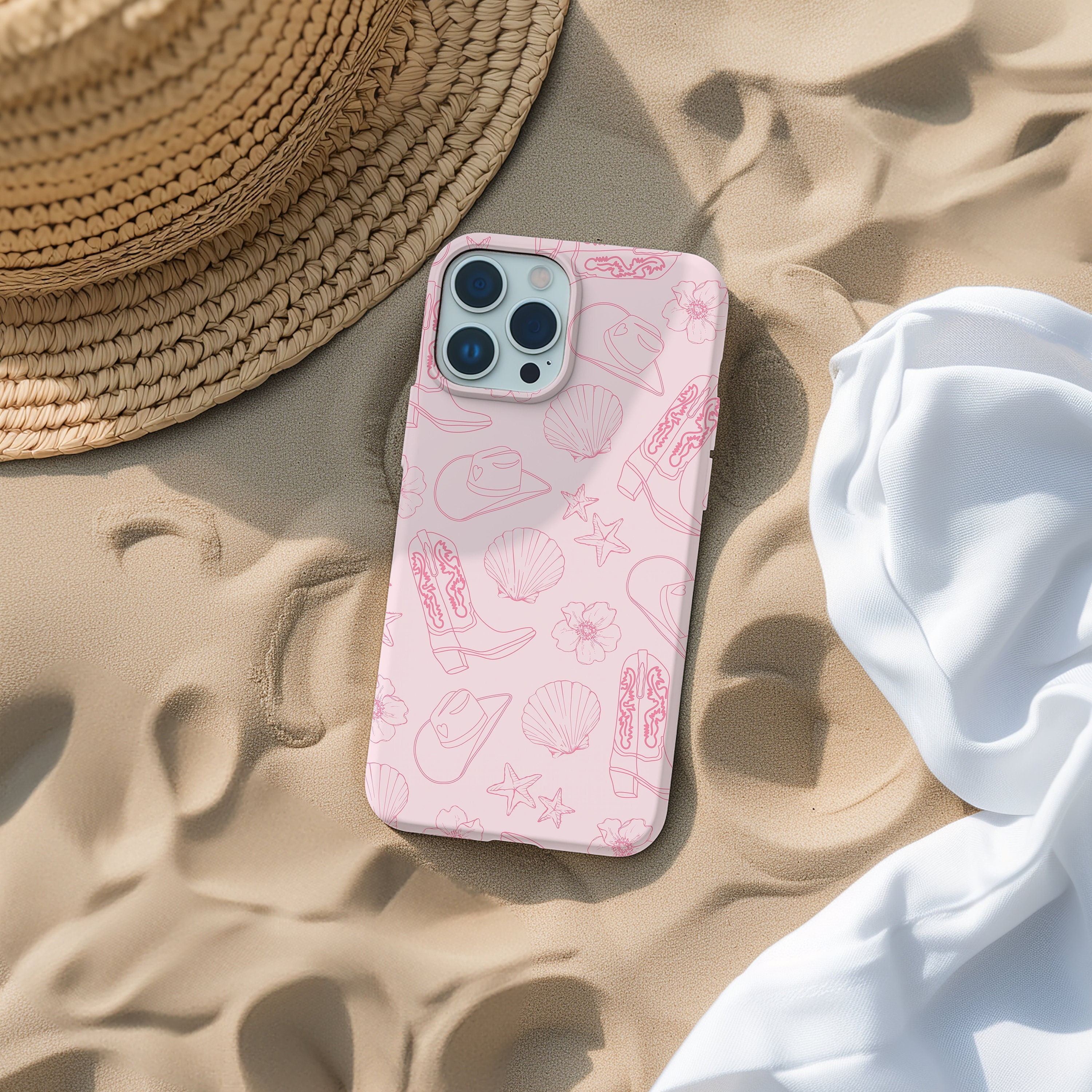 Custodia per telefono rosa con motivo cowgirl costiero, stivali da cowboy western con motivo a conchiglia, iPhone 17 16 15 14 13 12 11 Pro, Samsung Ga