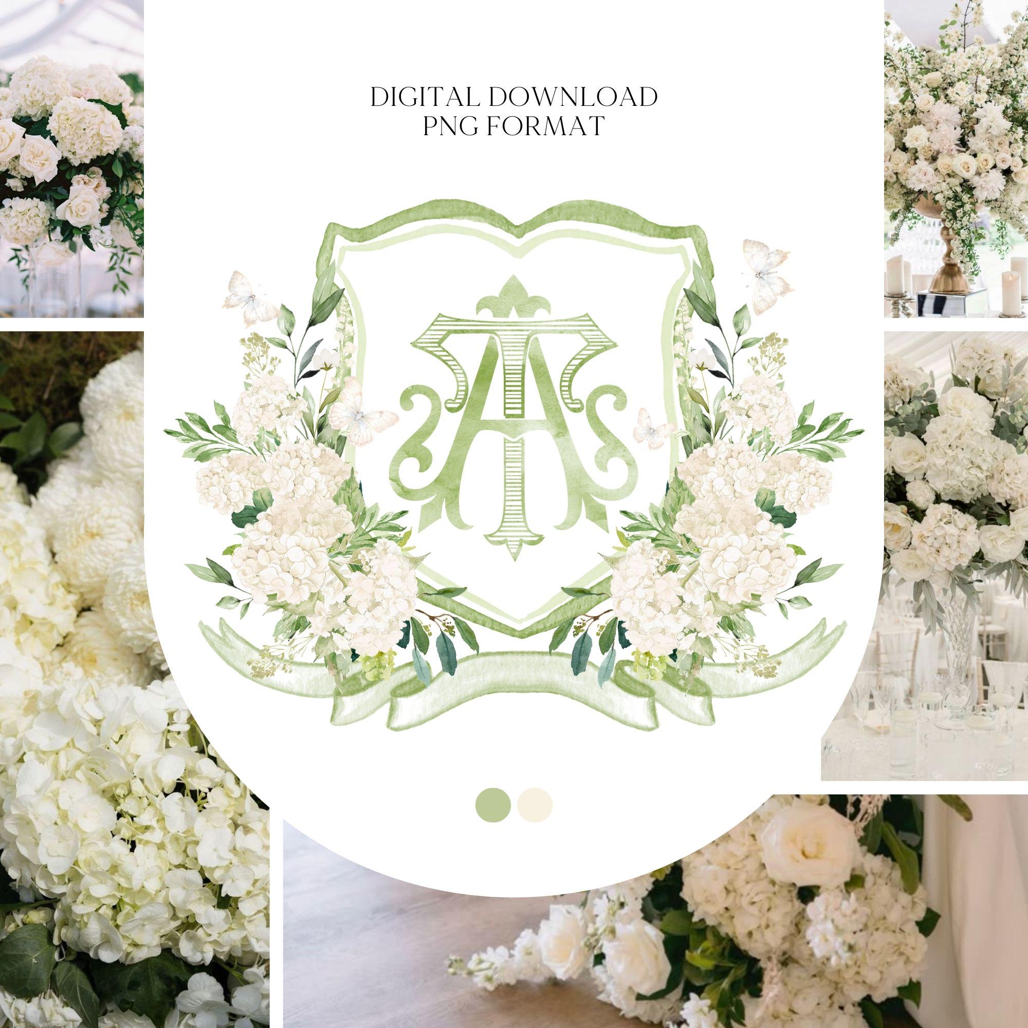 Stemma nuziale con fiori di ortensia bianca - Stemma monogramma - Stemma nuziale con fiori di ortensia e acquerello - Stemma nuziale romantico - Orten