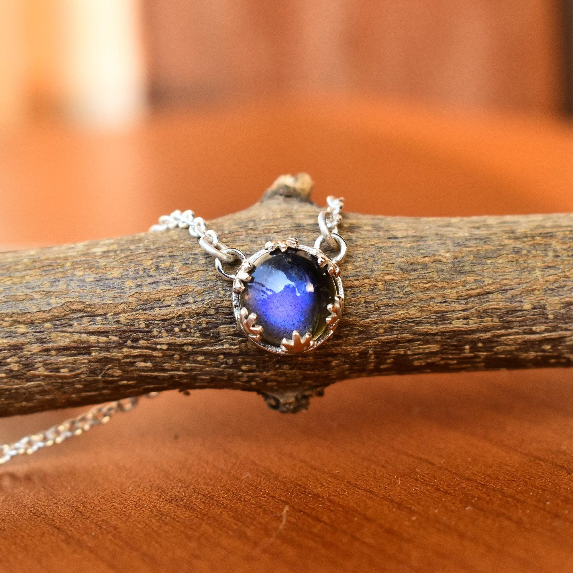 Collana Labradorite, Ciondolo Labradorite d'argento, Ciondolo rotondo Labradorite, Labradorite Blu, Labradorite Flash Blu, Ciondolo Fuoco Blu