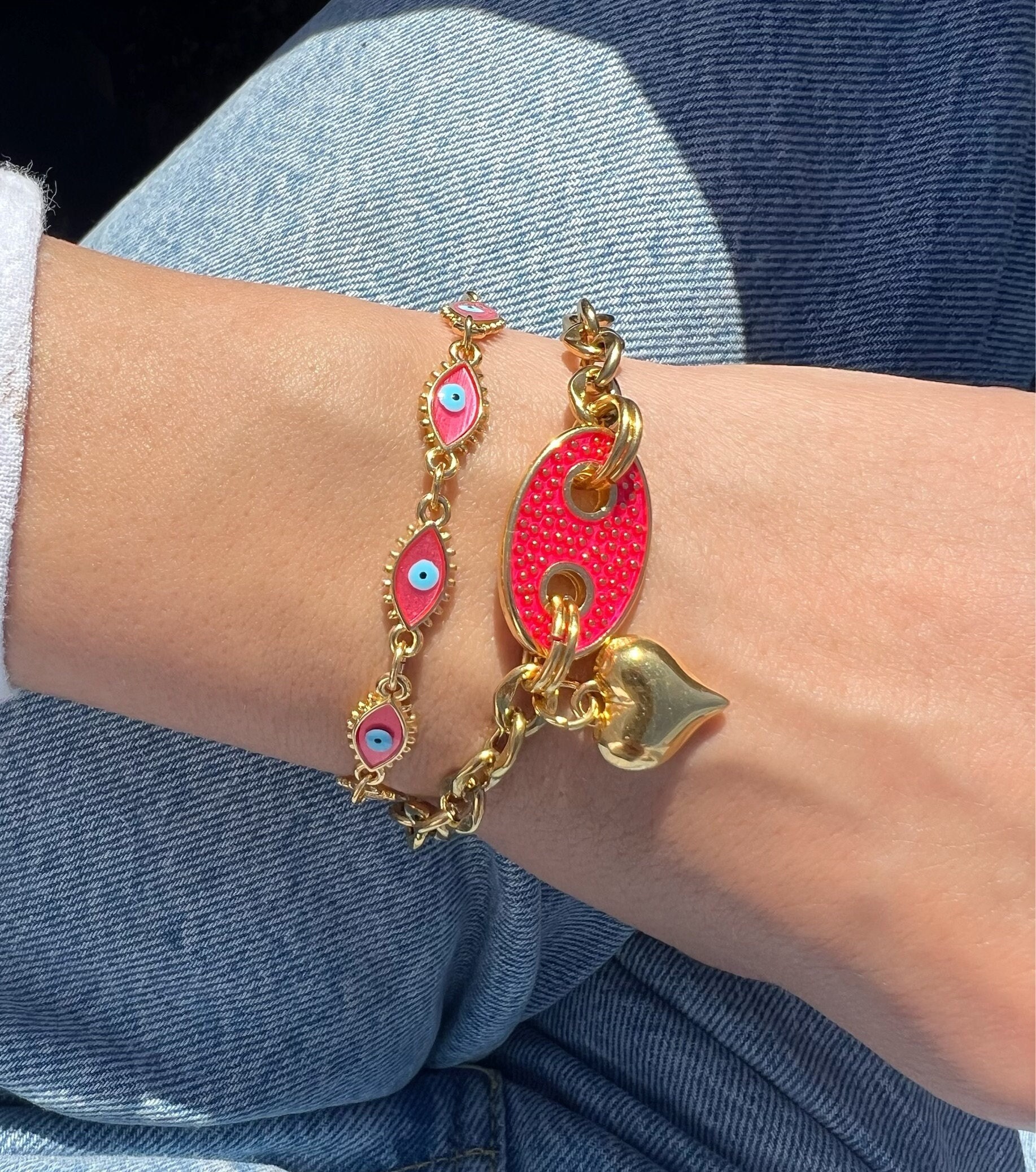 Bracciale in corallo, bracciale a cuore, bracciale con occhio di Allah, bracciale in oro, bracciale estivo, catena in acciaio inossidabile, regalo per