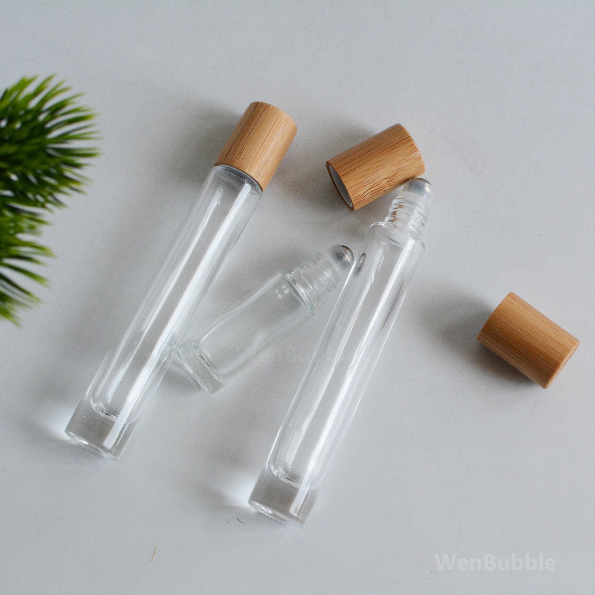 1-200pcs 5ml 10ml imbottigliatore di olio essenziale rotondo in vetro trasparente fai-da-te, rullo di bambù naturale su bottiglie, rullo di olio per l