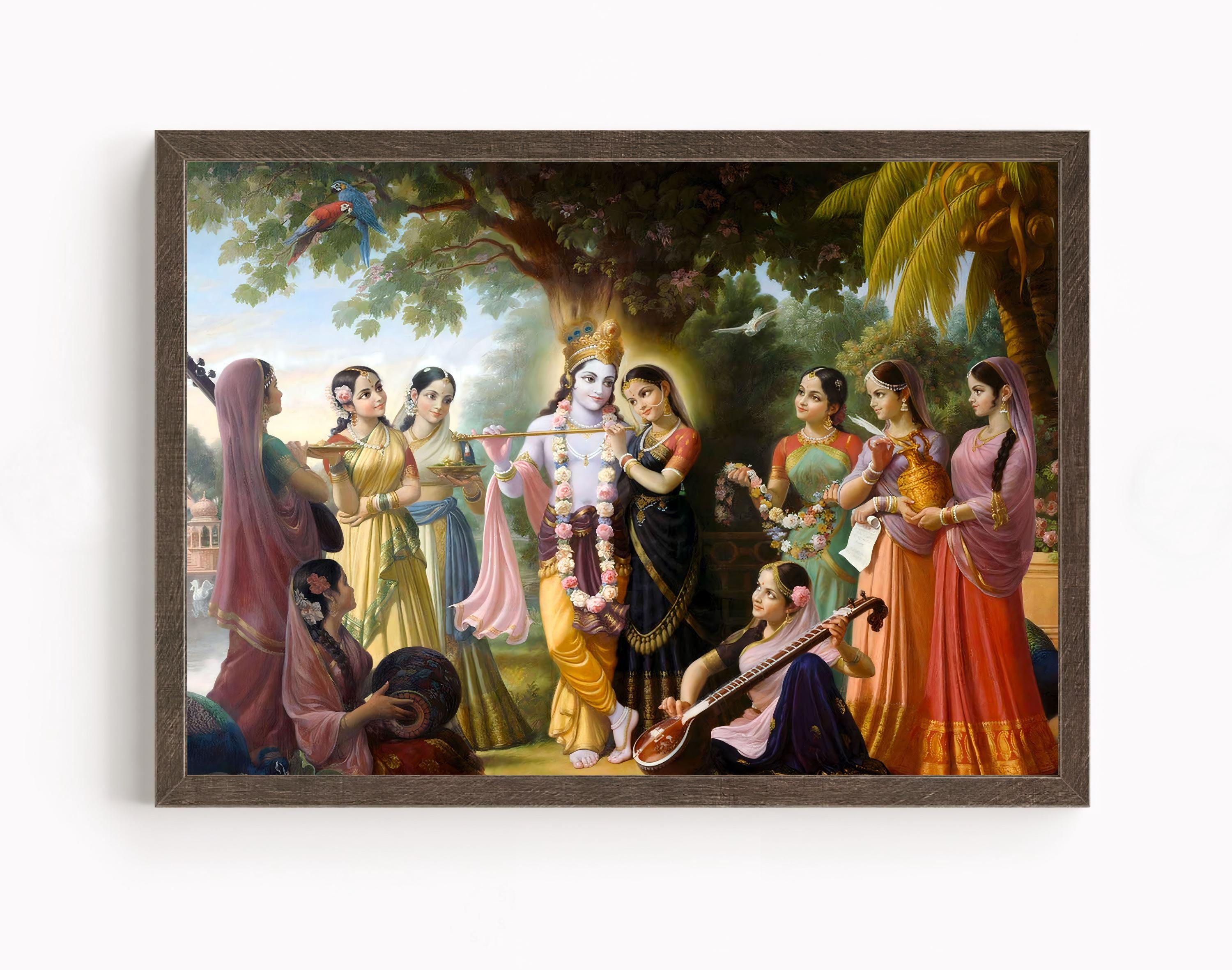 Krishna e Radha con le Gopi, Krishna, dipinto di Krishna, arte di Krishna, arte vintage, dio indiano