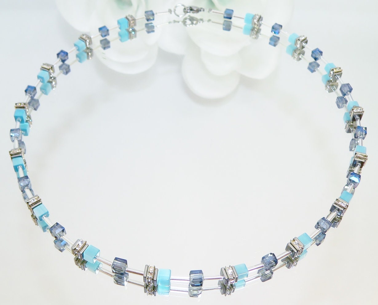 Catena, collana, collana, catena a cubo, collana, cubo, occhio di gatto, cristallo, strass, blu, turchese,