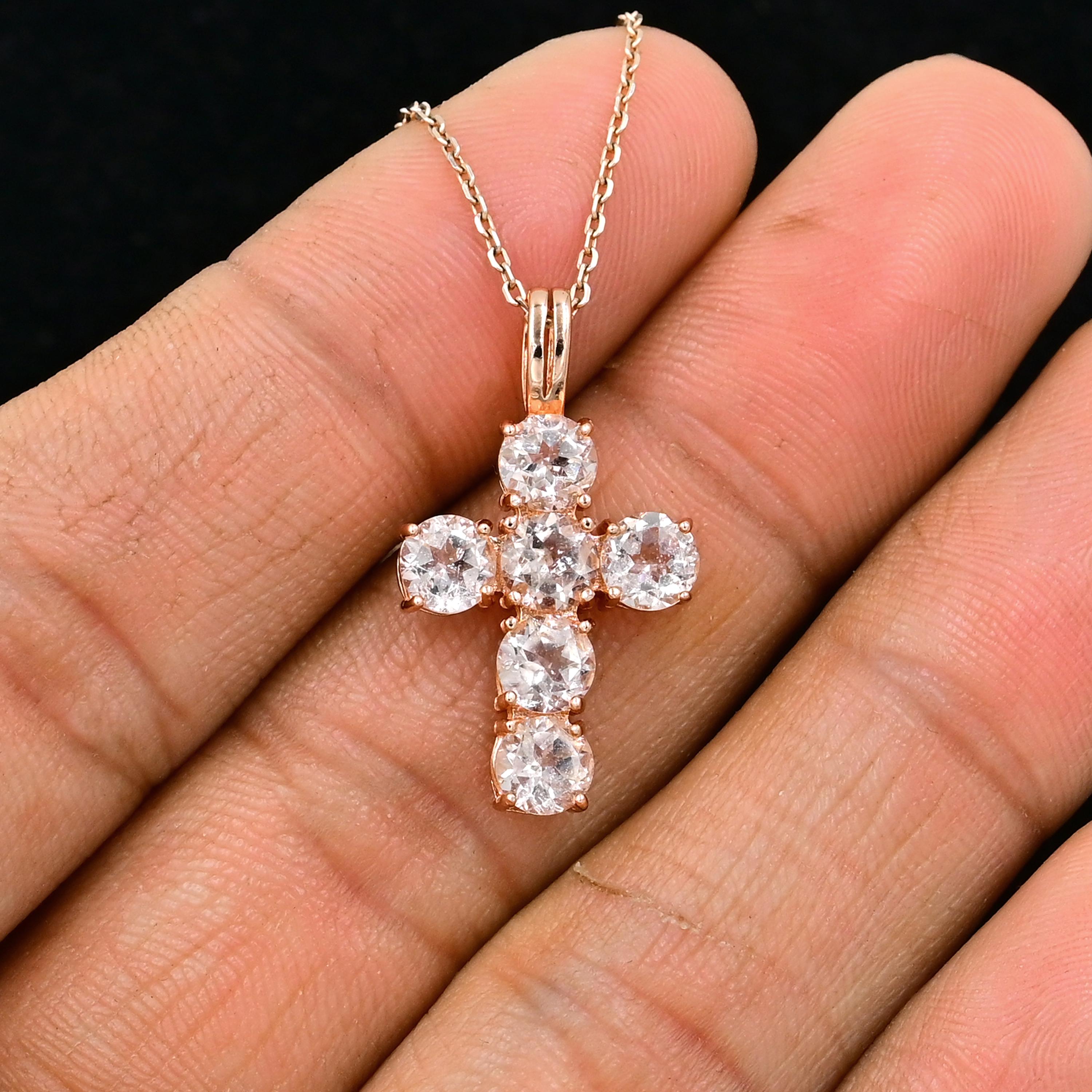 Collana con ciondolo in topazio bianco naturale, argento sterling 925, ciondolo a forma di croce, pietra portafortuna di aprile, ciondolo con ciondolo