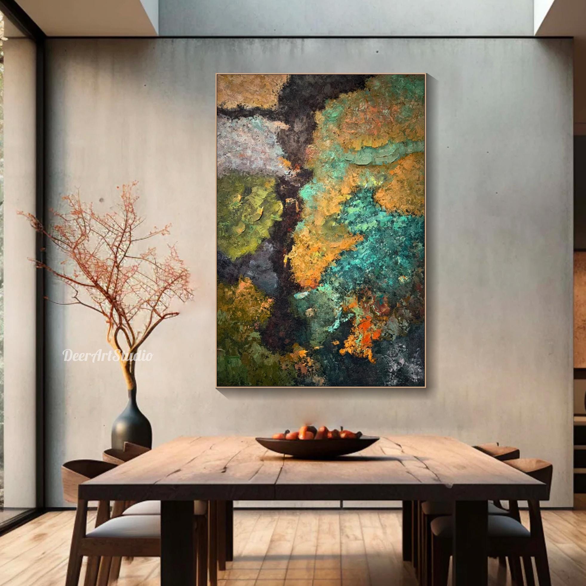 Wabi Sabi Abstract Textured Earth Green and Gold Wall Art Grande tela originale Impasto Wall Art Moderna unica fatta a mano Decorazione per ufficio