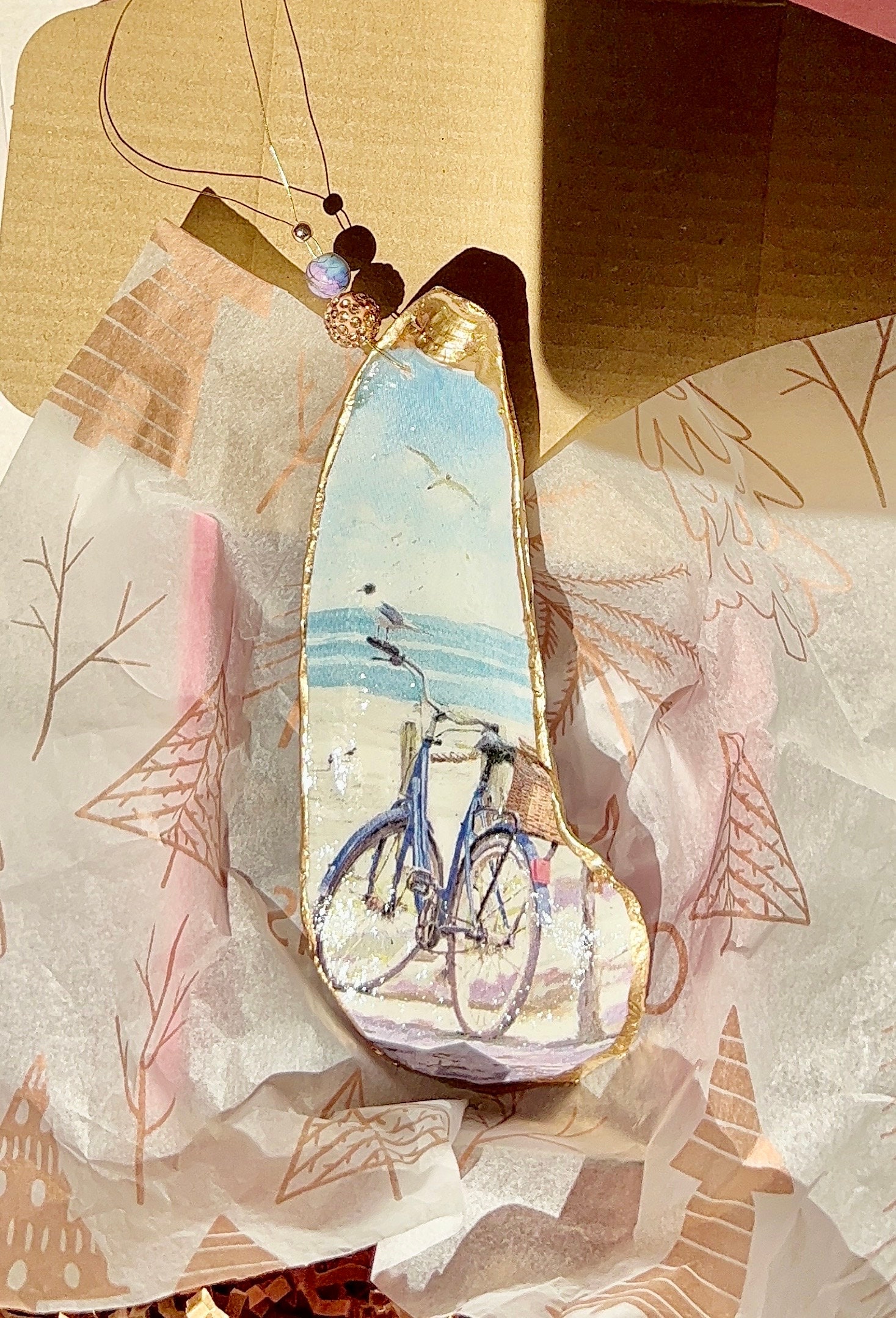 Decorazione natalizia a forma di bicicletta da spiaggia/decorazione natalizia a forma di ostrica con scena da spiaggia/decorazione natalizia a forma d