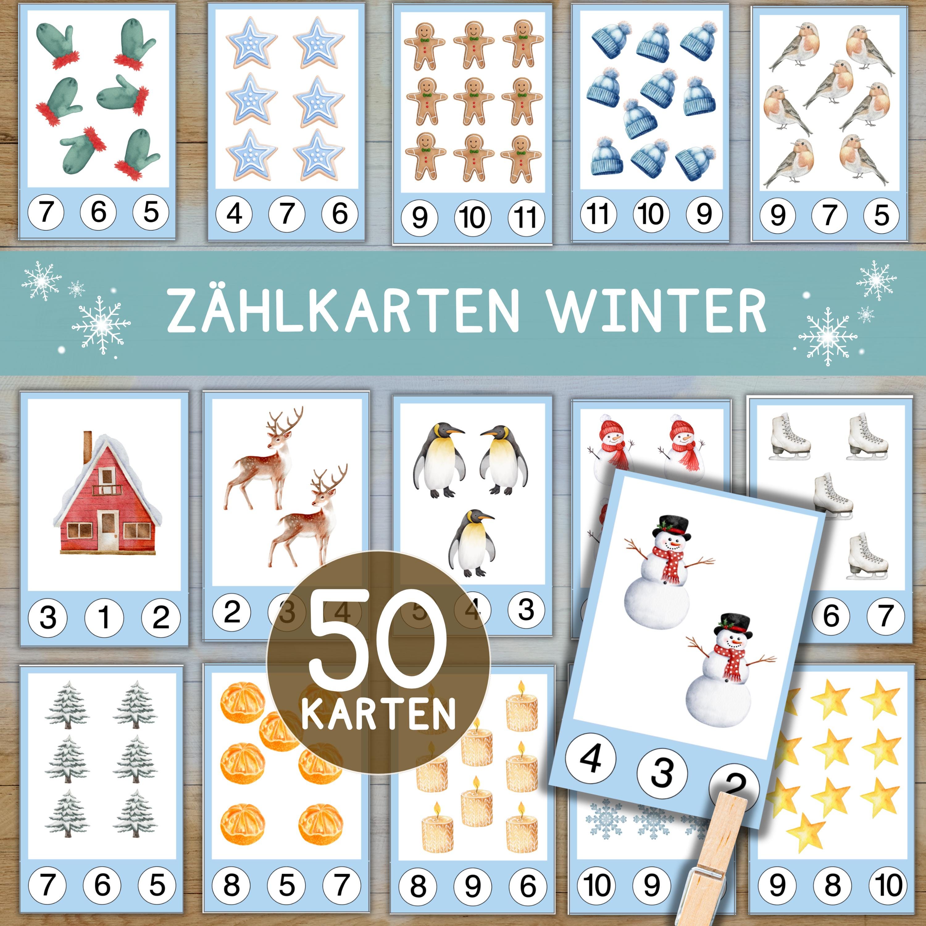 Carte da conteggio invernali, carte con clip, conteggio, apprendimento dei numeri, matematica, bambini, scuola materna, asilo, carte da conteggio e cl