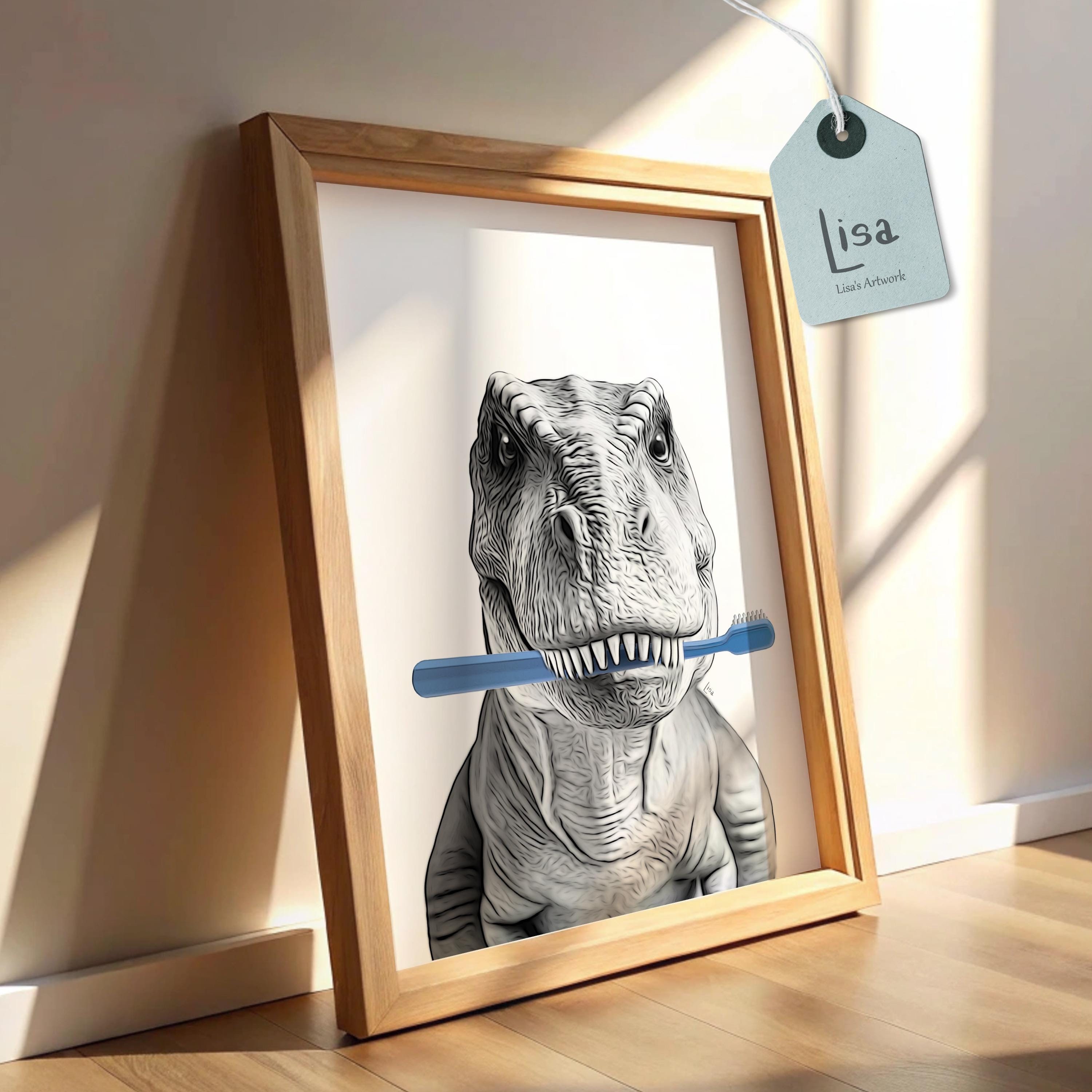 T rex, lavarsi i denti, arte per il bagno, arte murale per il bagno, arte murale stampabile, dinosauro, tirannosauro rex, decorazioni per la cameretta