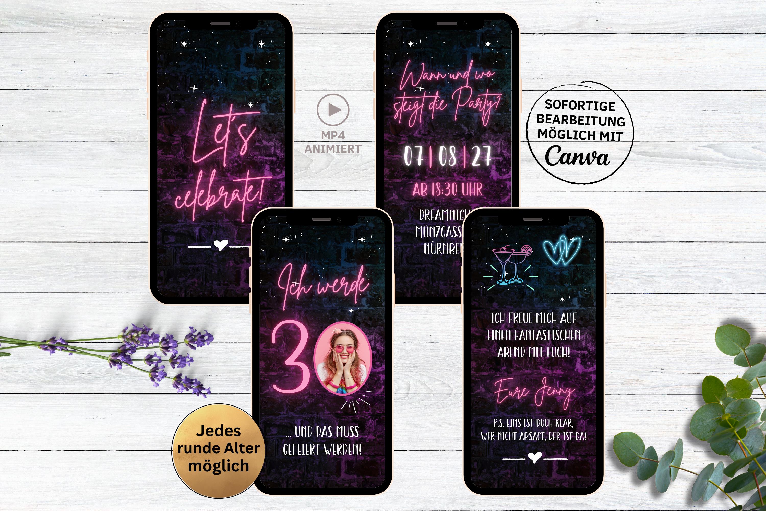 eCARD invito festa di compleanno foto da parete rosa neon numero | Biglietto d'invito per il 20o, 30o, 40o, 50o compleanno | invito di compleanno per