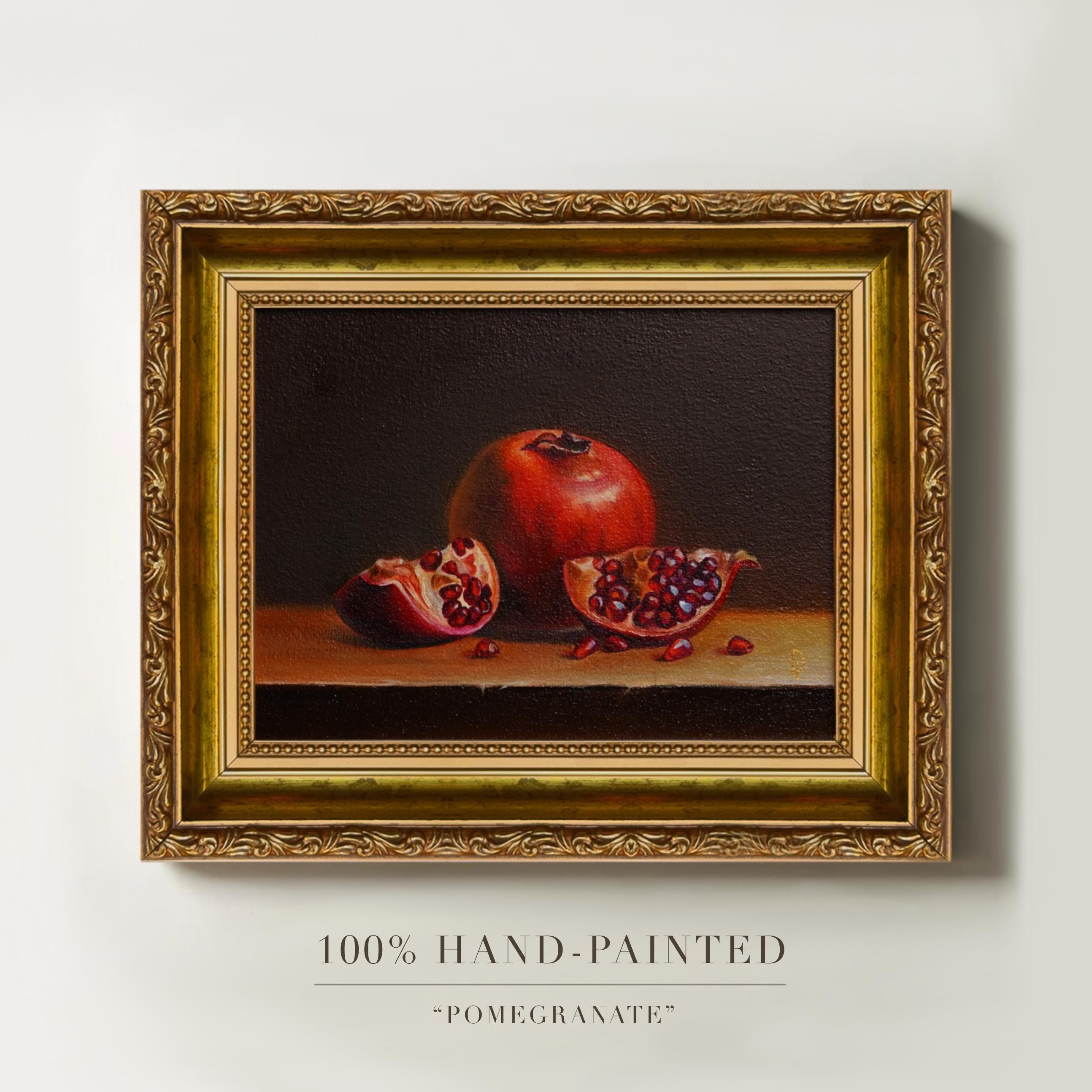 Dipinto ad olio di melograno 100% originale, dipinto di frutta dipinto a mano, olio su tela, natura morta con olio di melograno, arte da cucina, arte