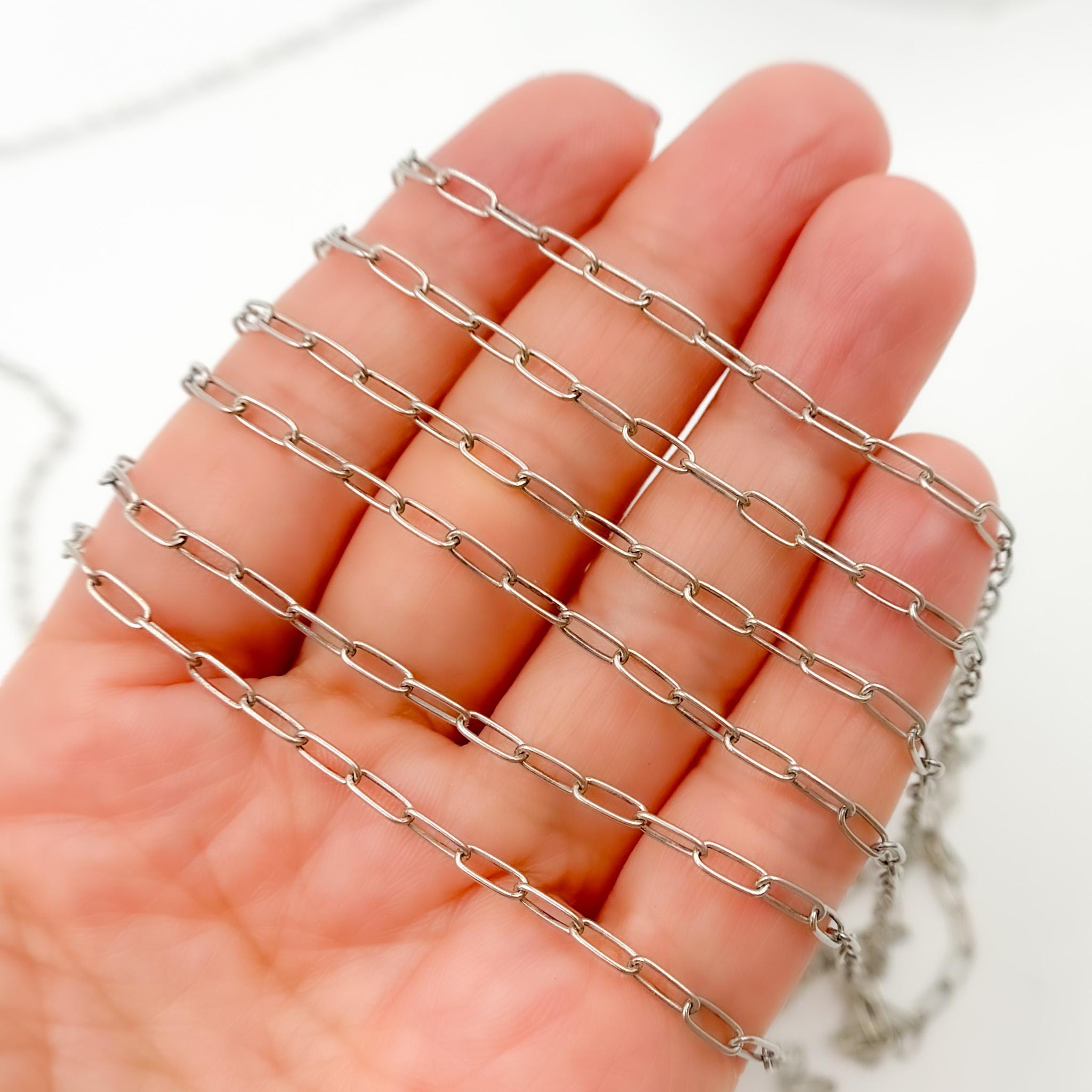 Catena in argento ossidato 925 da 6 x 2 mm, catena a maglie rettangolari vintage, catena a maglie disegnate a forma di graffetta con il piede, catena