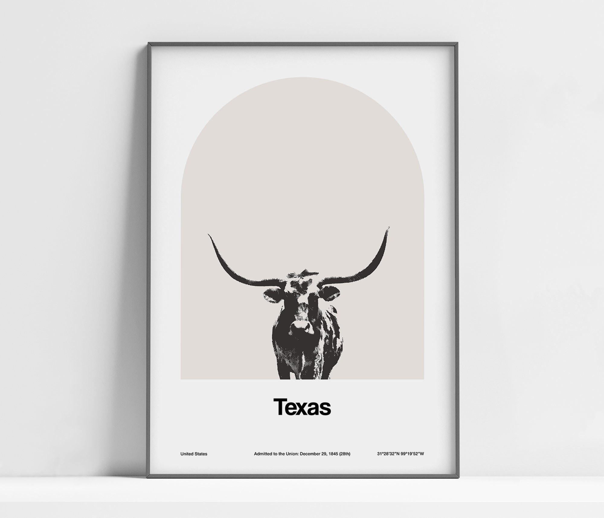 Stampa Texas Longhorn, poster Texas Arch, Texas Ranch in bianco e nero, Texas State TX Longhorn Farm Wall Art, stampa minimalista personalizzata City