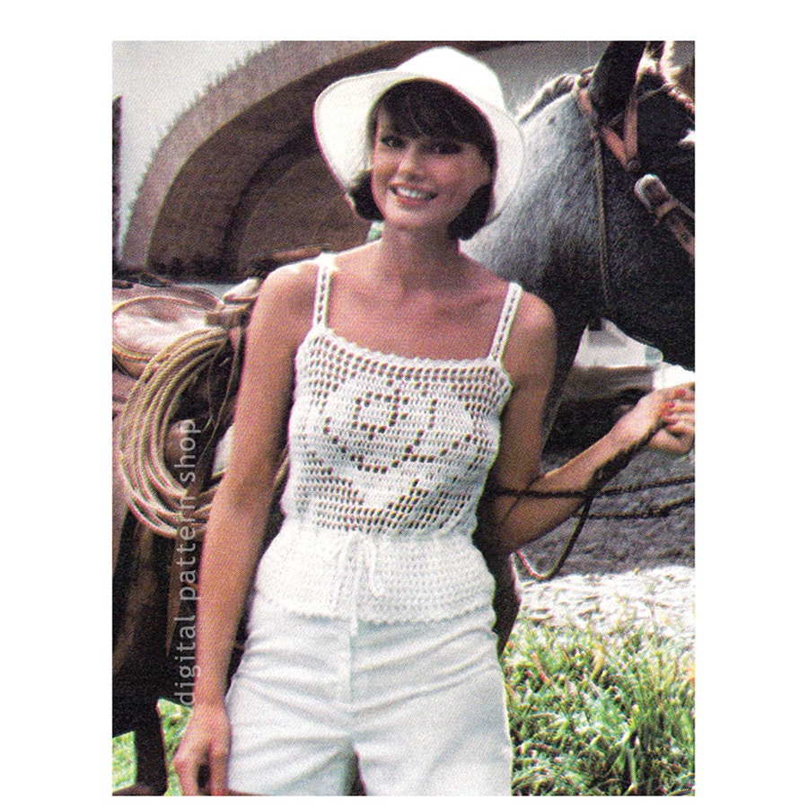 Modello all'uncinetto per canotta vintage, modello all'uncinetto filet con rose, modello all'uncinetto per canotta peplo da donna, modello PDF scarica