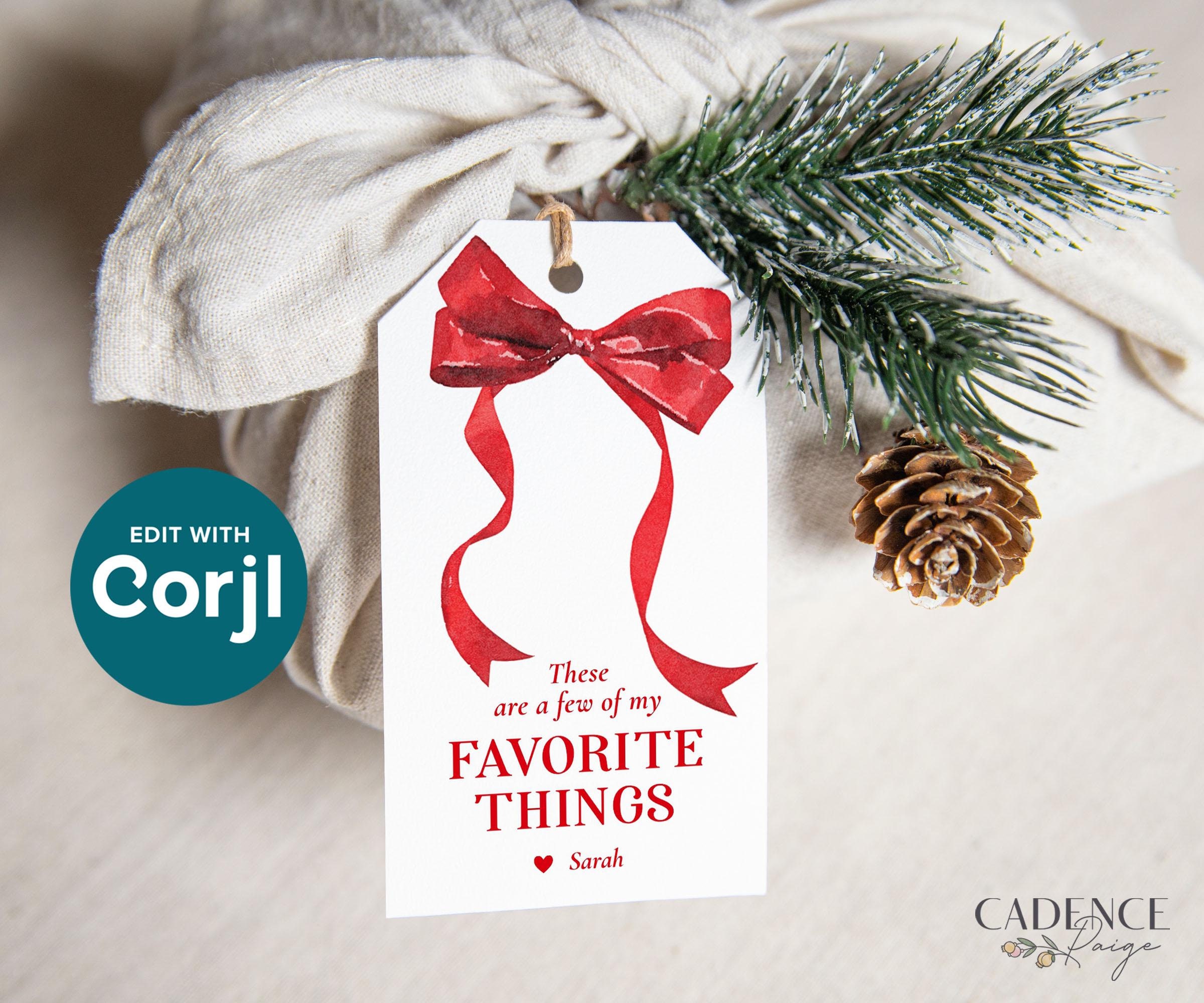 "Etichette regalo \"Cose preferite\", etichette regalo di Natale con fiocco, etichette regalo di Natale preppy, etichetta modificabile con fiocco rosso,"