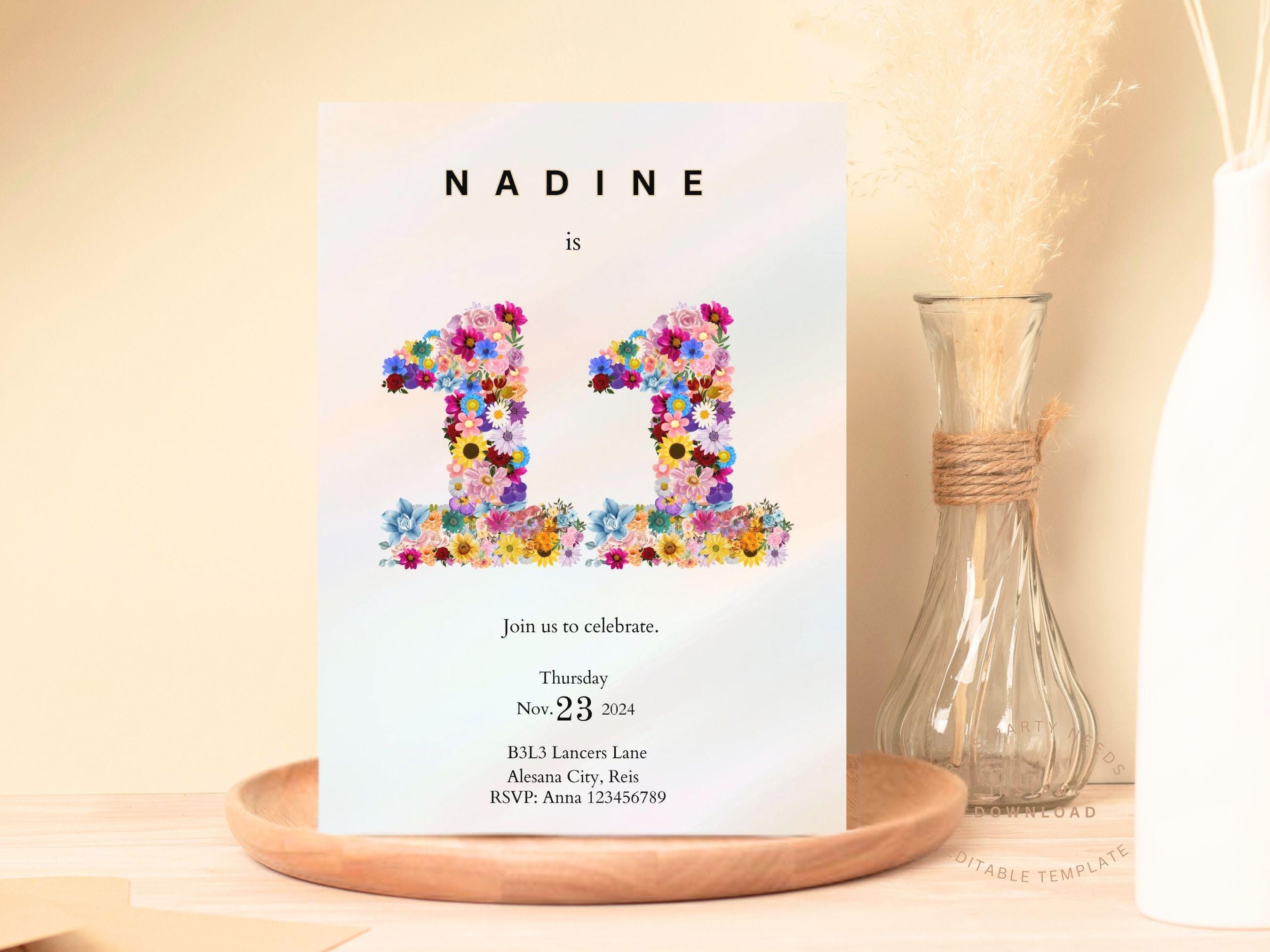 Invito minimalista per l'undicesimo compleanno, rosa cipria modificabile per bambine, modello di invito per l'undicesimo compleanno di bambine, invito