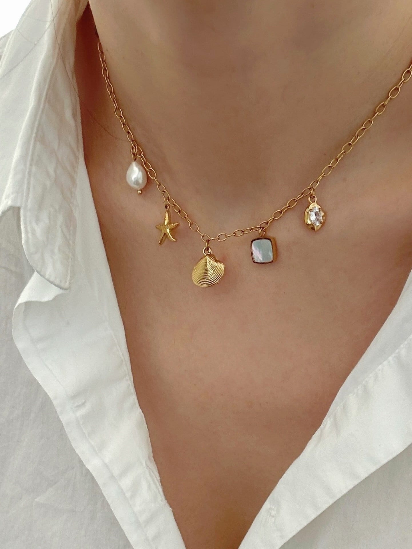 Collana con ciondoli estivi, collana di perle di conchiglia oceanica, collana in oro impermeabile, collana per ragazza, regalo per lei, gioielli da sp