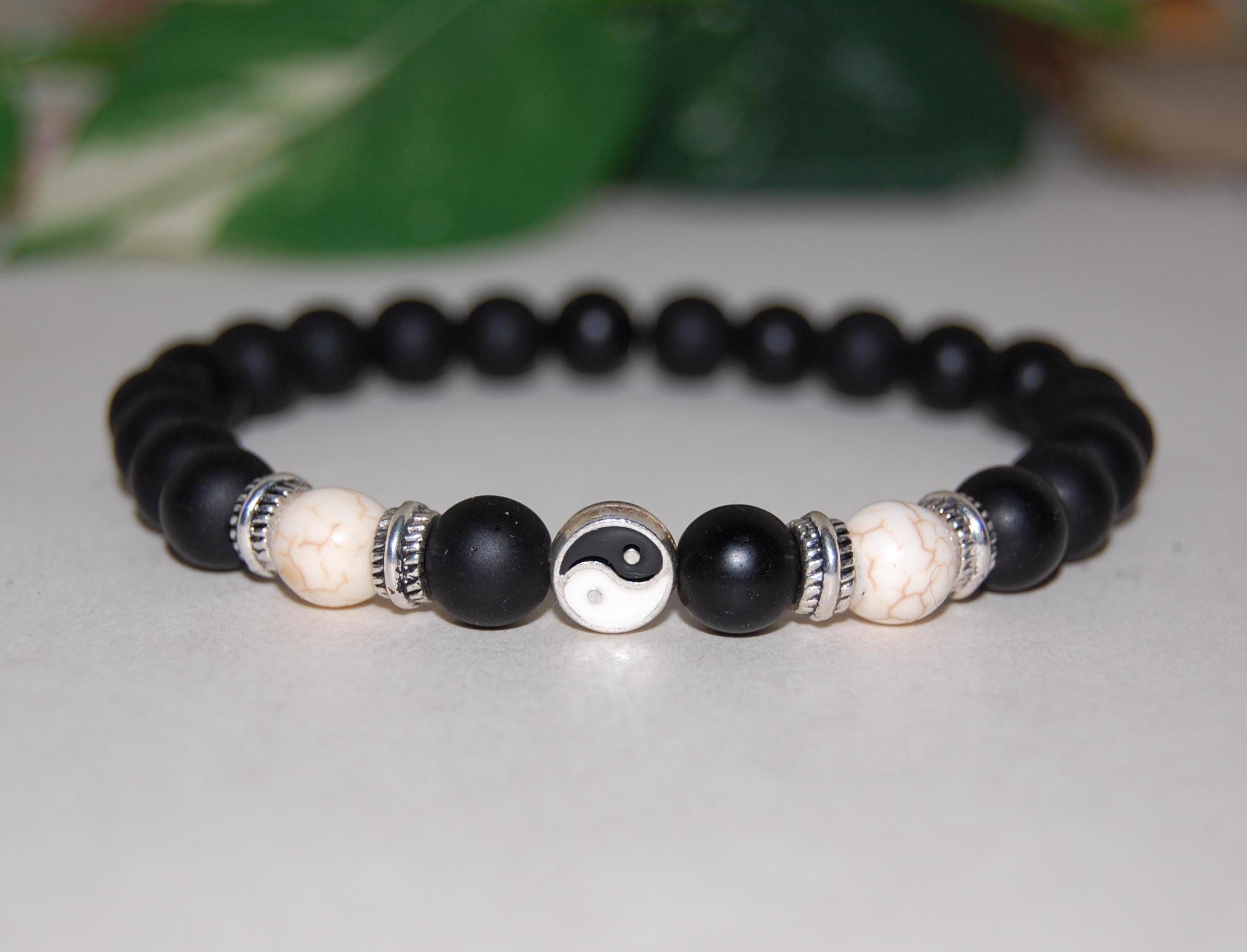 Bracciale in onice, bracciale Yin Yang, perline in pietra onice da 8 mm, perline in pietra onice, bracciale in onice nero, spiritualità, preghiera, uo