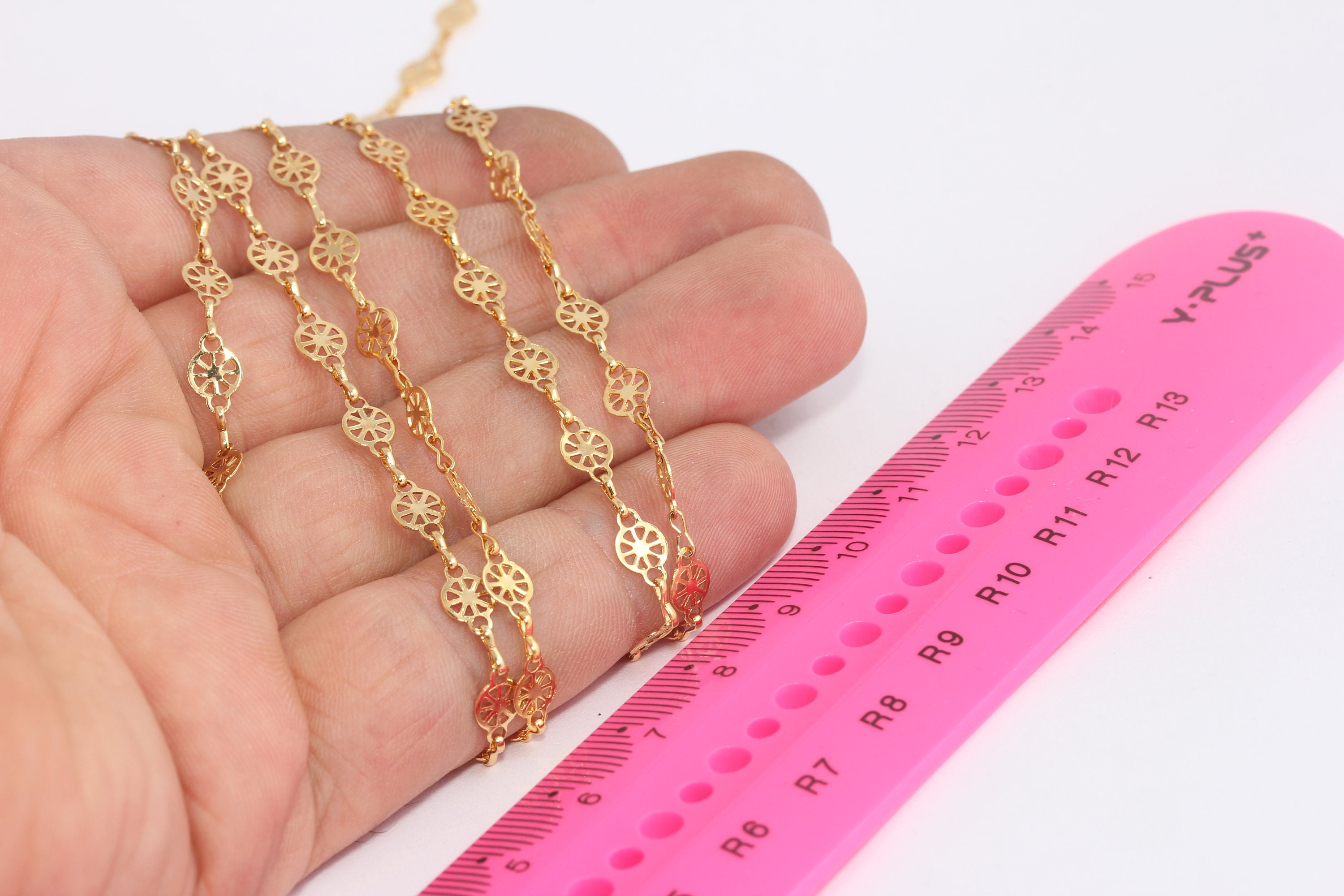 Catene in filigrana d'oro lucido 24k da 5 x 7 mm, catene a barra, catene per braccialetti, catene a moneta d'oro, catene a barra a ruota, componenti p