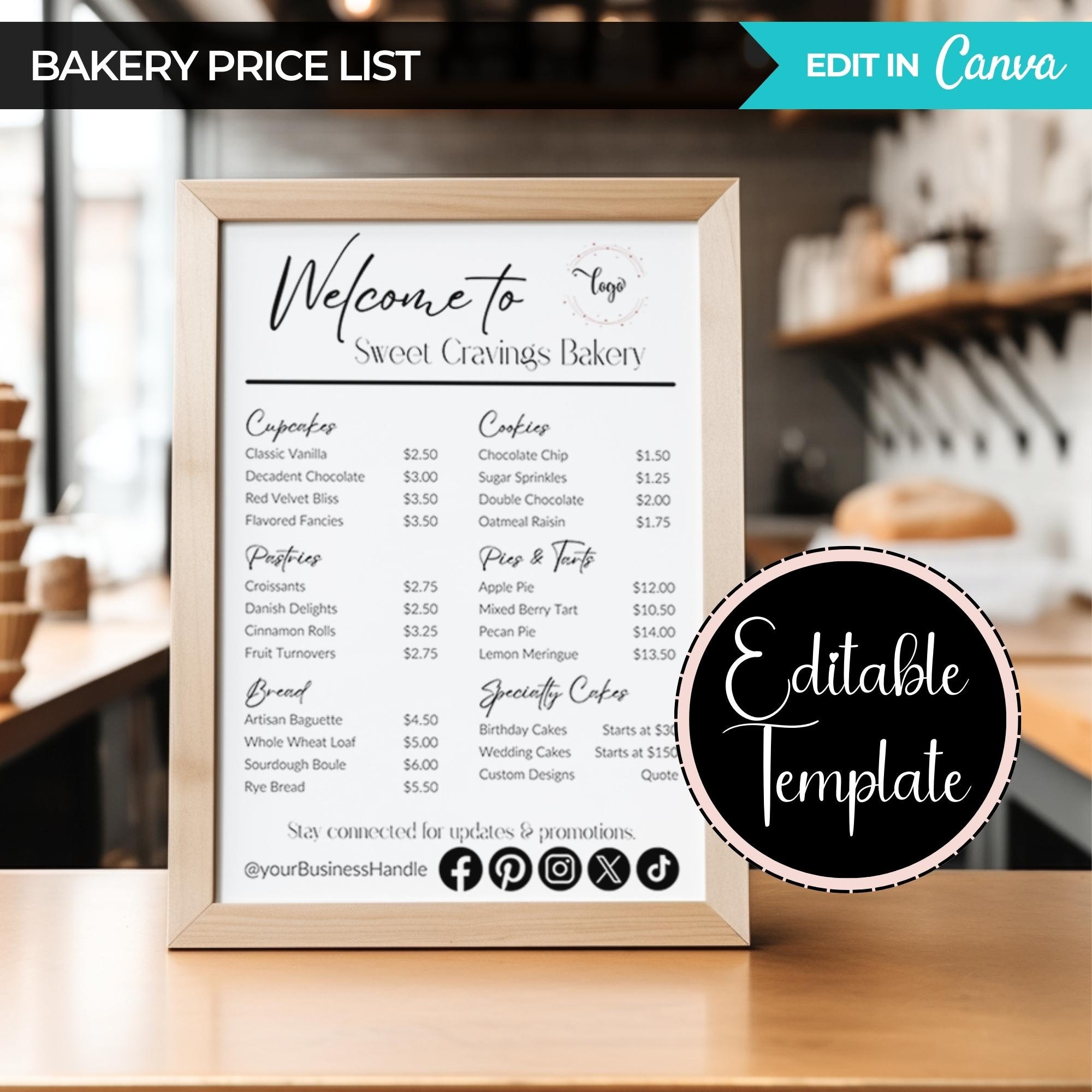 Modello di listino prezzi, modello di listino prezzi per panetteria, modello di menu per panetteria Canva modificabile, listino prezzi per piccole imp