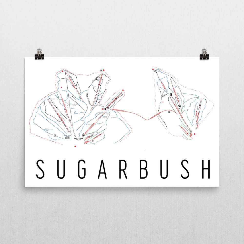 Stampa artistica della mappa della stazione sciistica di Sugarbush: mappa dei sentieri del Vermont