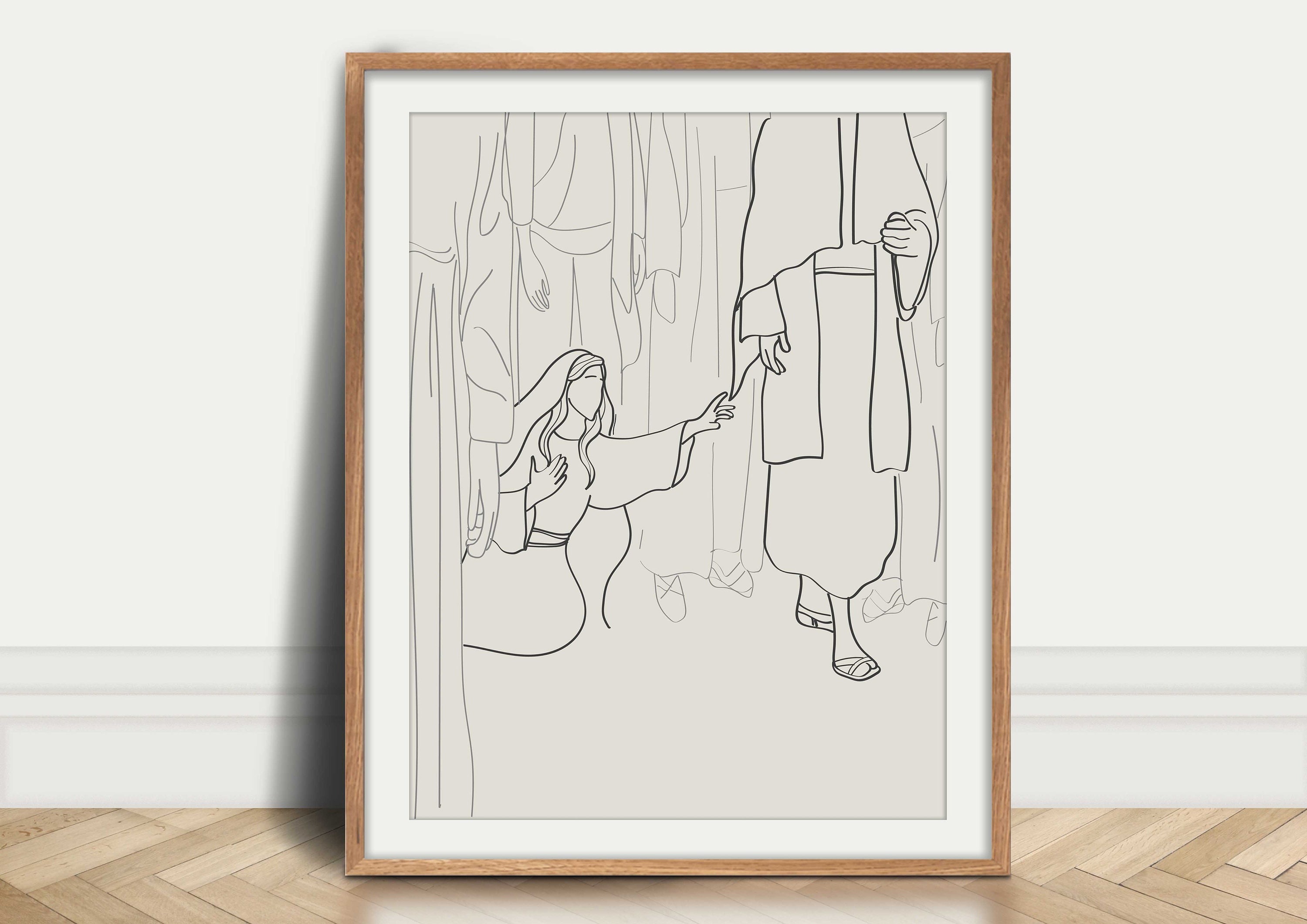 Donna tocca l'orlo della camicia di Gesù, arte cristiana minimalista, DOWNLOAD DIGITALE, Gesù guarisce la donna, arte biblica femminile, decorazioni p