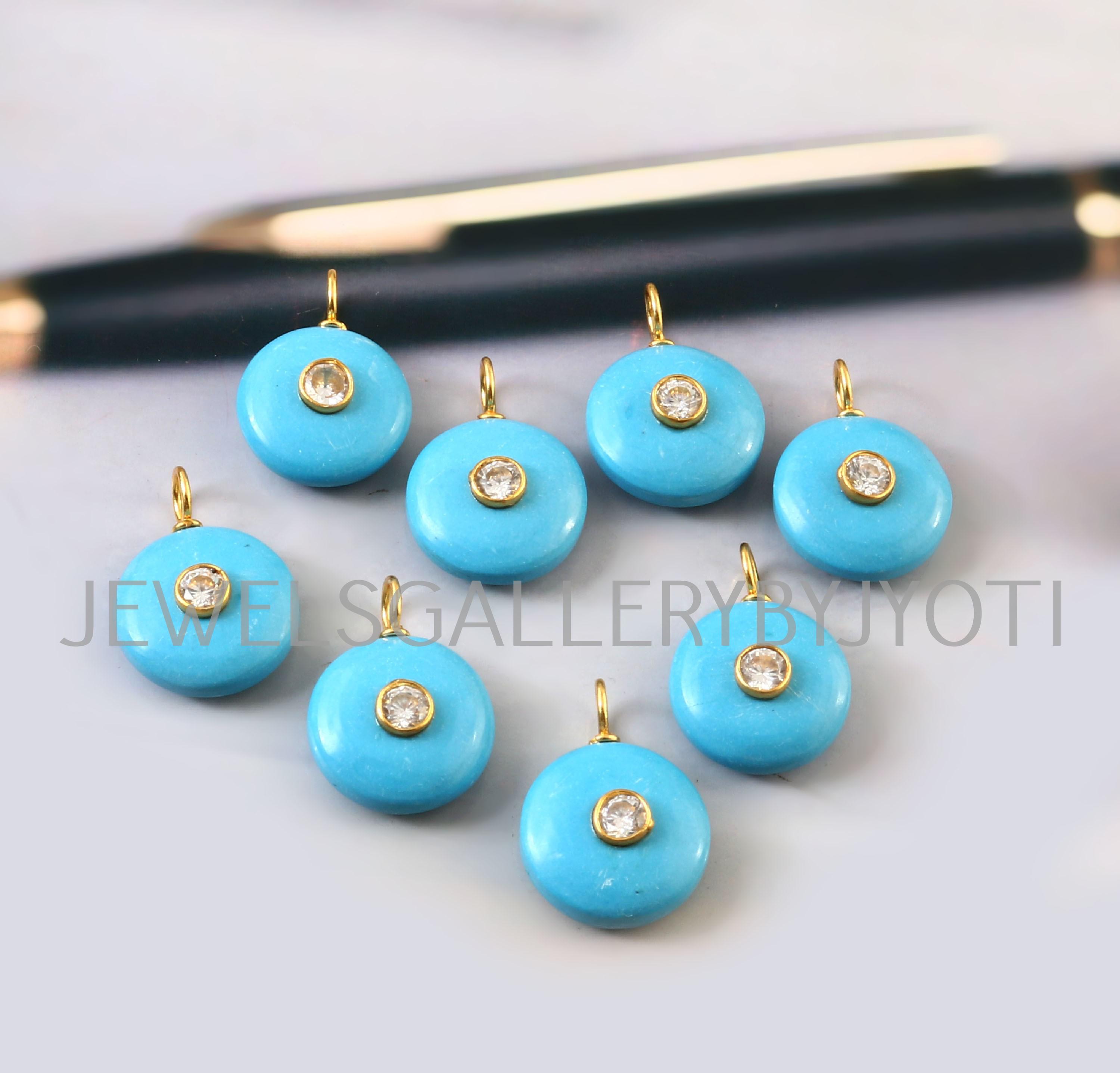 1/2 pezzi ciondolo in argento sterling con forma rotonda e liscia turchese, ciondolo con pietra preziosa intarsiata, ciondolo turchese, ciondoli impil