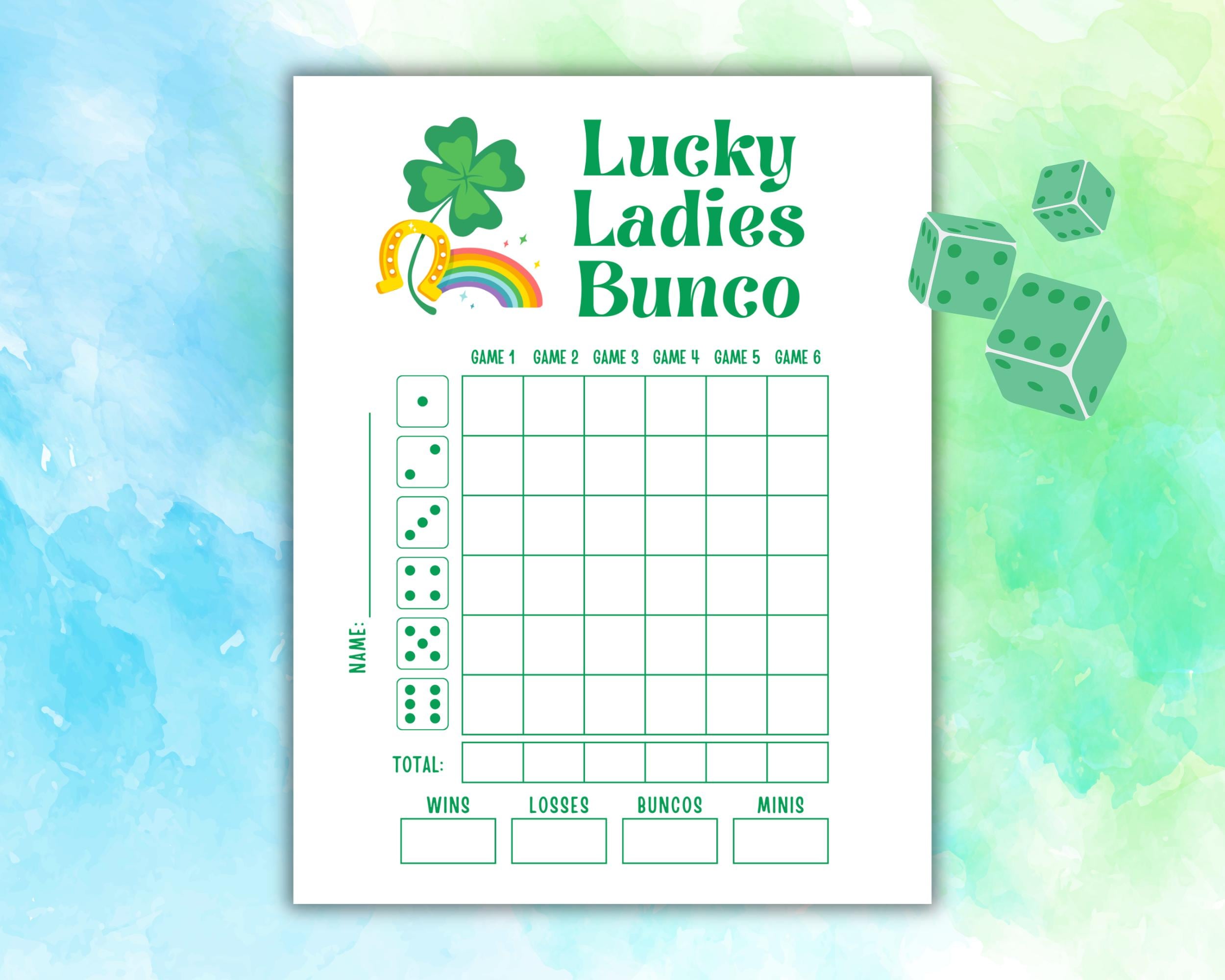 Pacchetto Bunco di marzo, lenzuola Bunco Lucky Ladies, gioco Bunco di San Patrizio, carte Bunco Lucky, festa Bunco Lucky, tema Bunco di marzo diverten