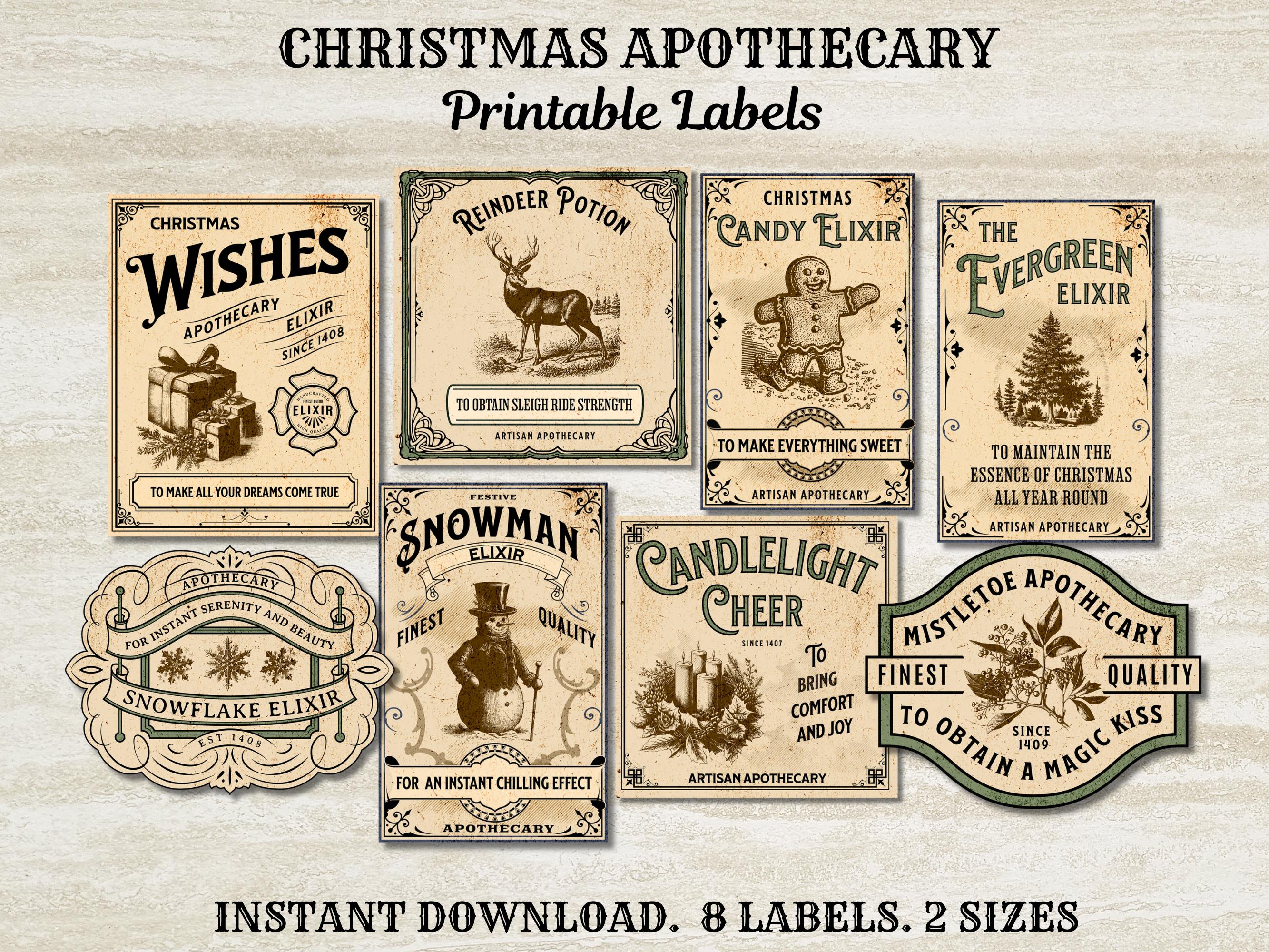 Etichette per pozioni natalizie, etichette per farmacisti natalizi, etichette digitali per pozioni magiche, etichette per bottiglie di pozioni, etiche