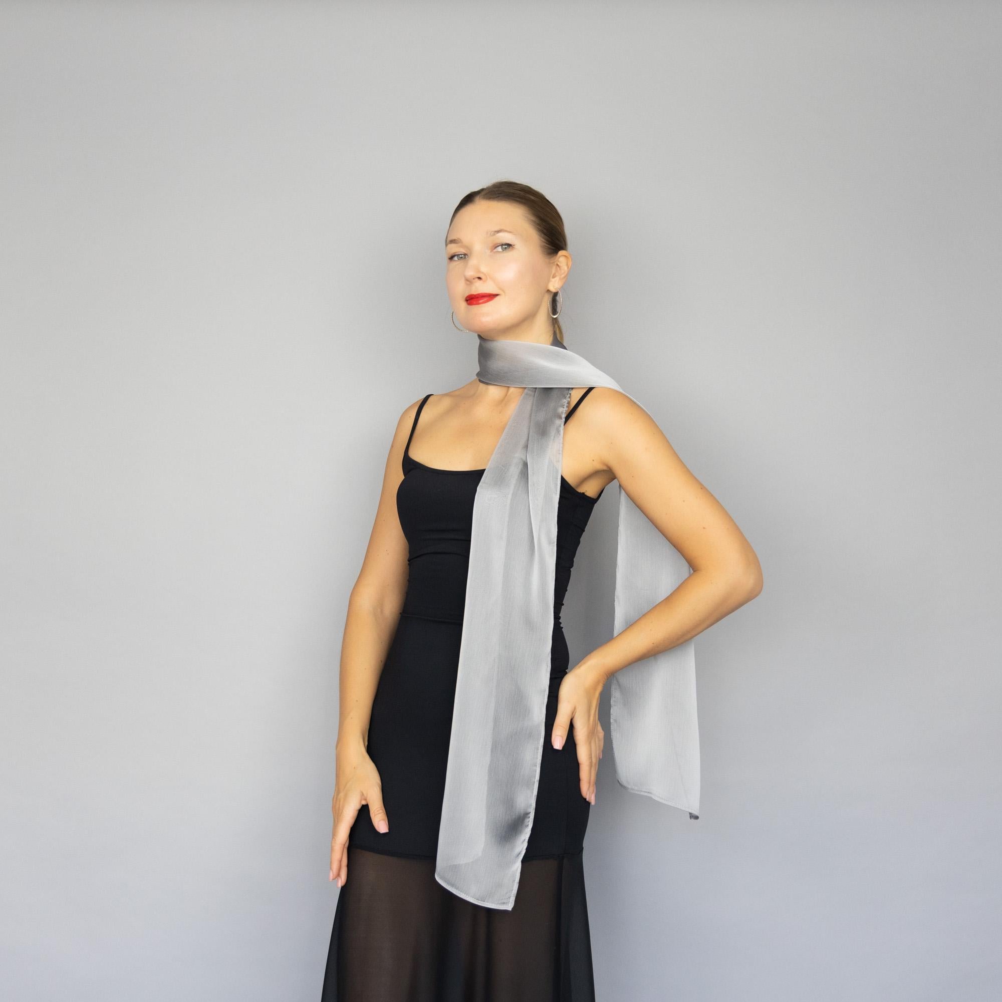 Sciarpa grigio argento, lunga sciarpa in chiffon, sciarpa al collo, sciarpa fluida e trasparente, cravatta grigio argento, sciarpa grigio argento, ele