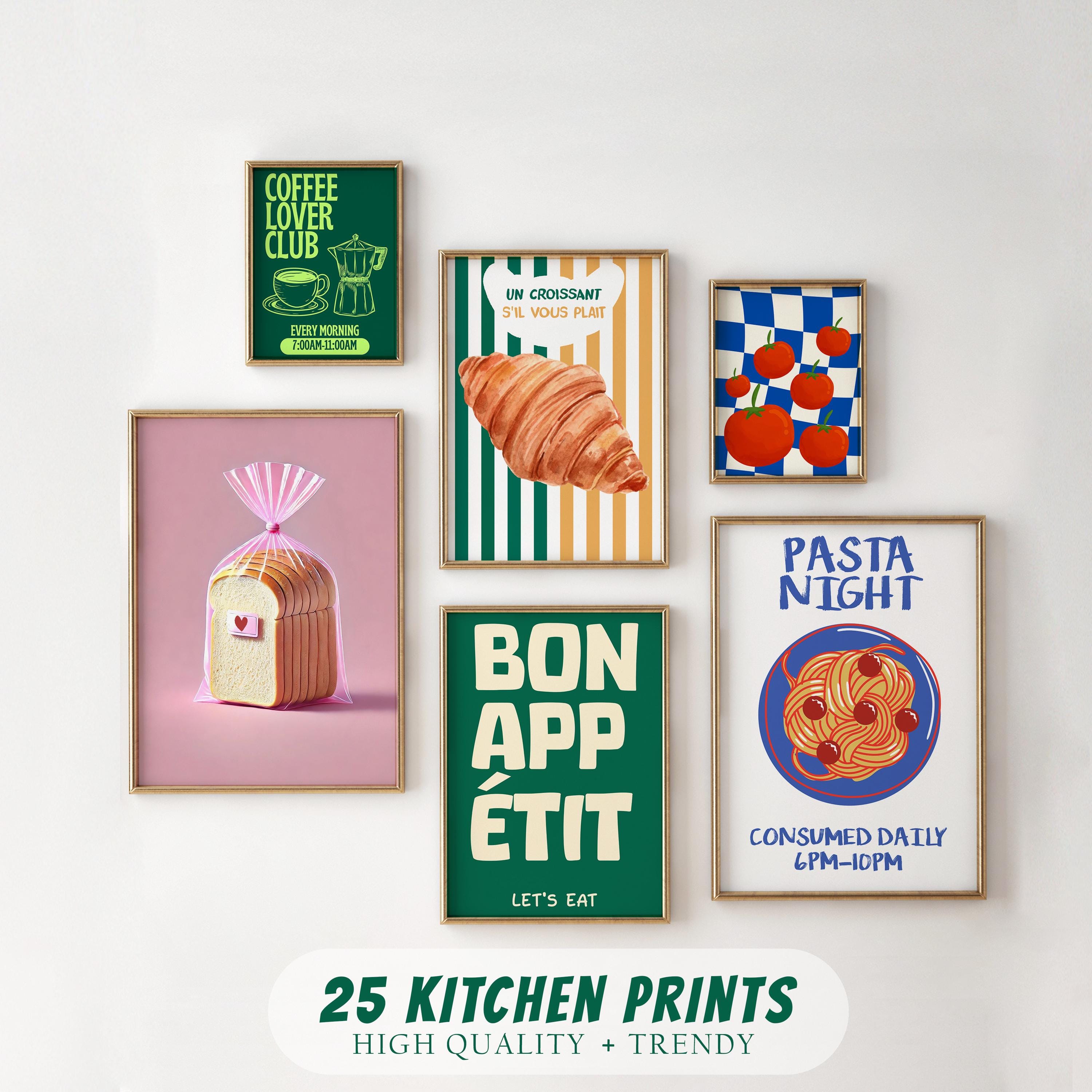 Set di 25 stampe da cucina, decorazioni da parete per la cucina, stampe da parete preppy, stampe digitali, stampe artistiche di carrelli bar, decorazi