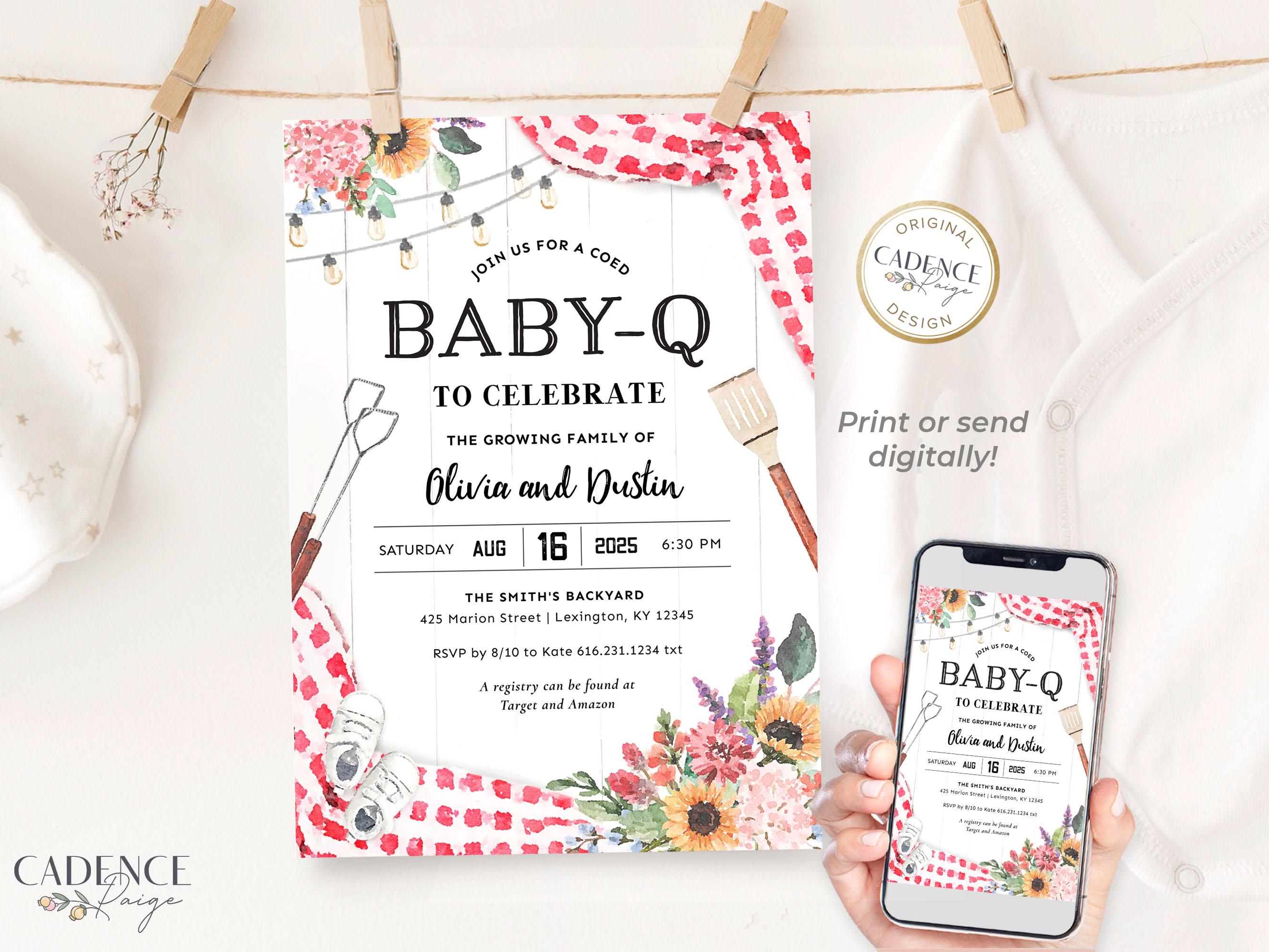 Invito per baby shower Baby-Q, invito per baby shower a tema barbecue, invito per baby shower di coppia, baby shower in giardino, invito per baby show