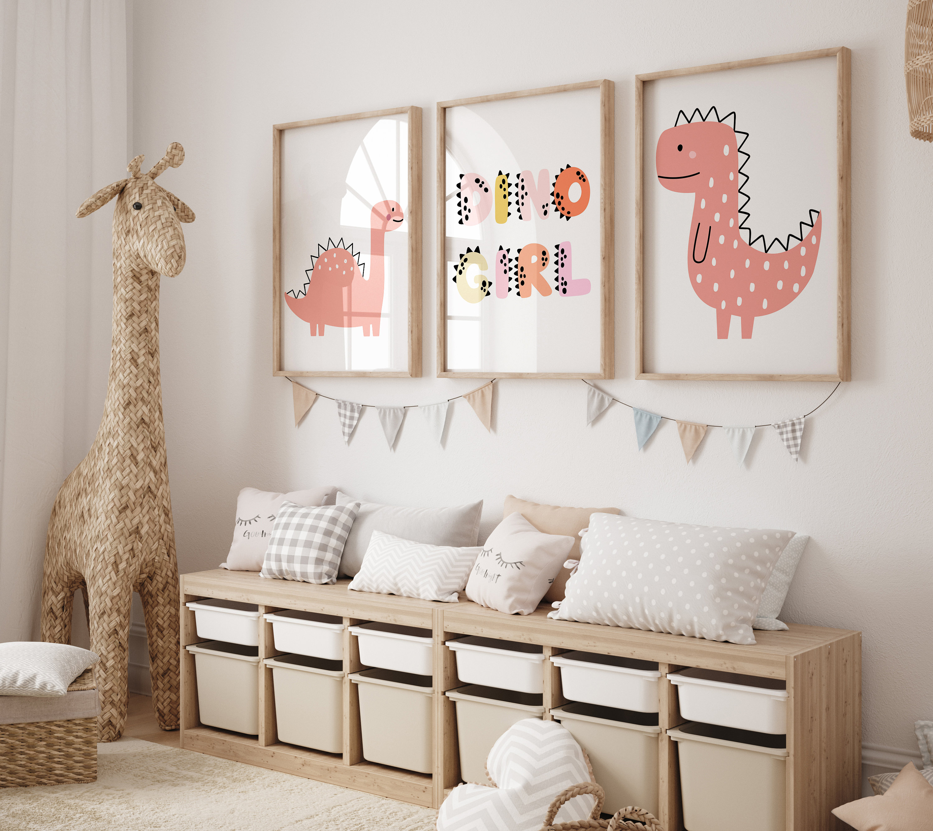 "Set di 3 stampe di dinosauri \"Dino Girl\" per la cameretta della bambina, personalizzate, con dinosauri, animali, decorazioni murali, stampe artistiche"