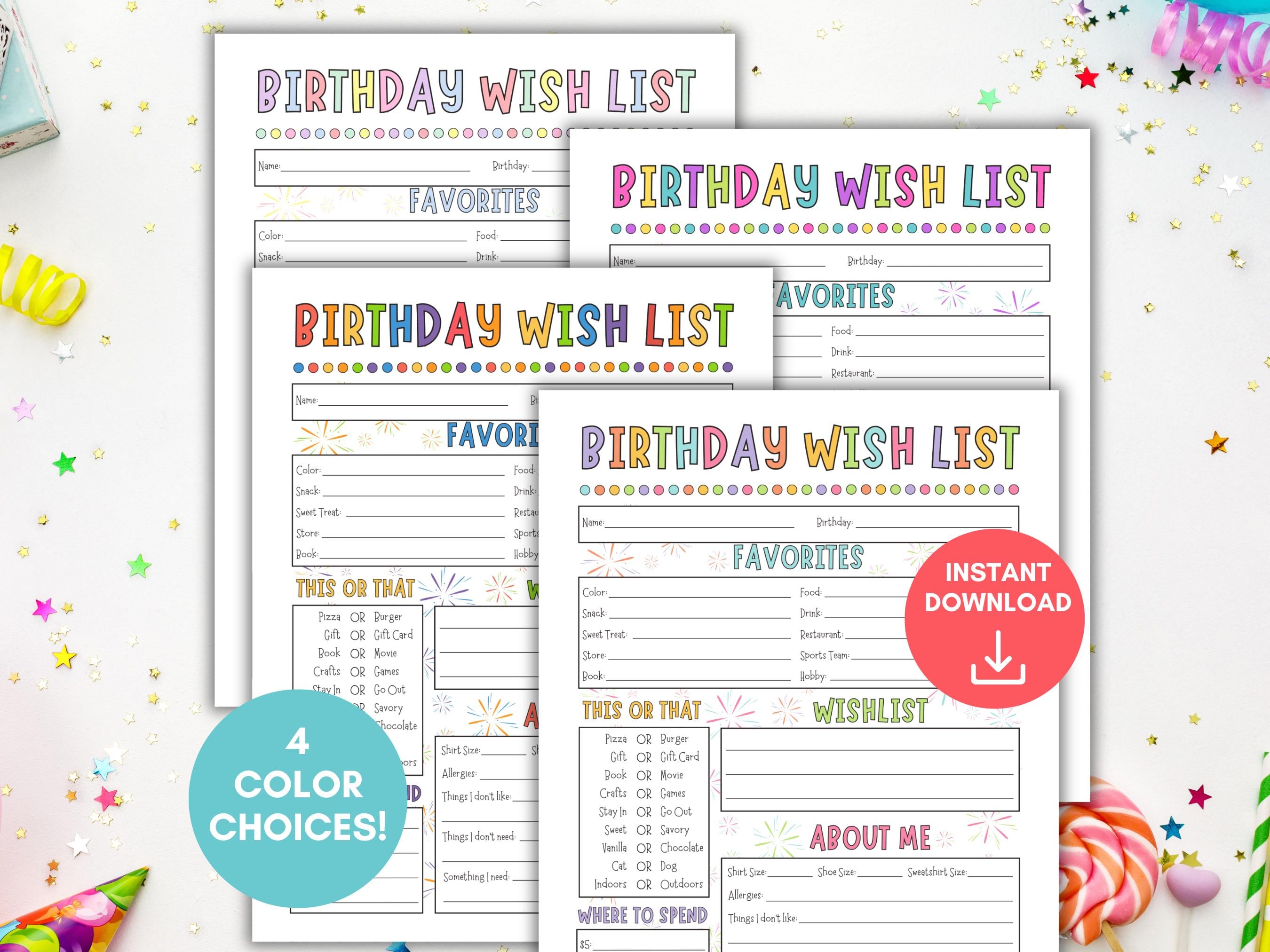 Lista dei desideri di compleanno stampabile, questionario di compleanno stampabile, sondaggio sulle mie cose preferite, questionario di lavoro, le mie