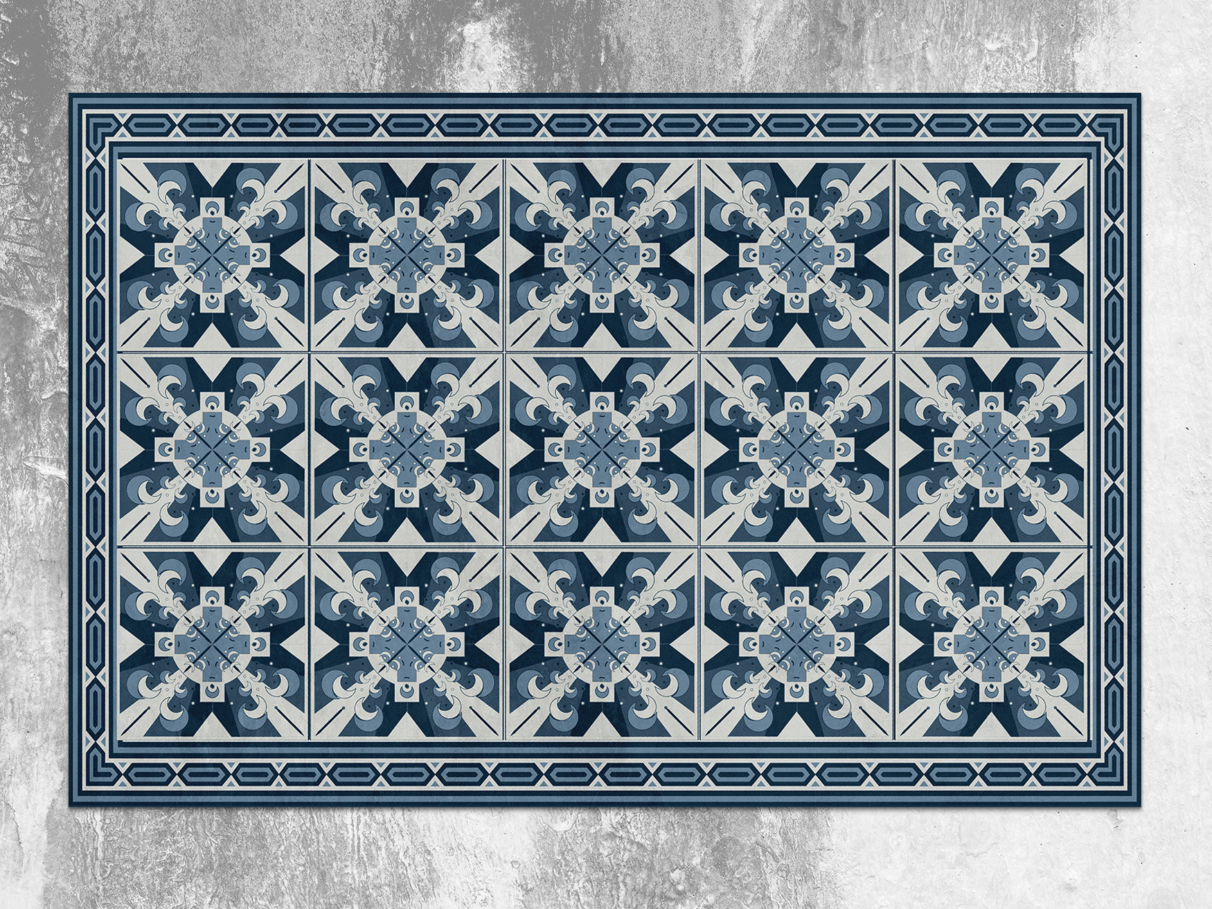 Tappeto geometrico blu navy in vinile, tappeto in linoleum blu, tappeto in vinile grigio, tappeto in vinile piastrellato, tappeto in linoleum, tappeto
