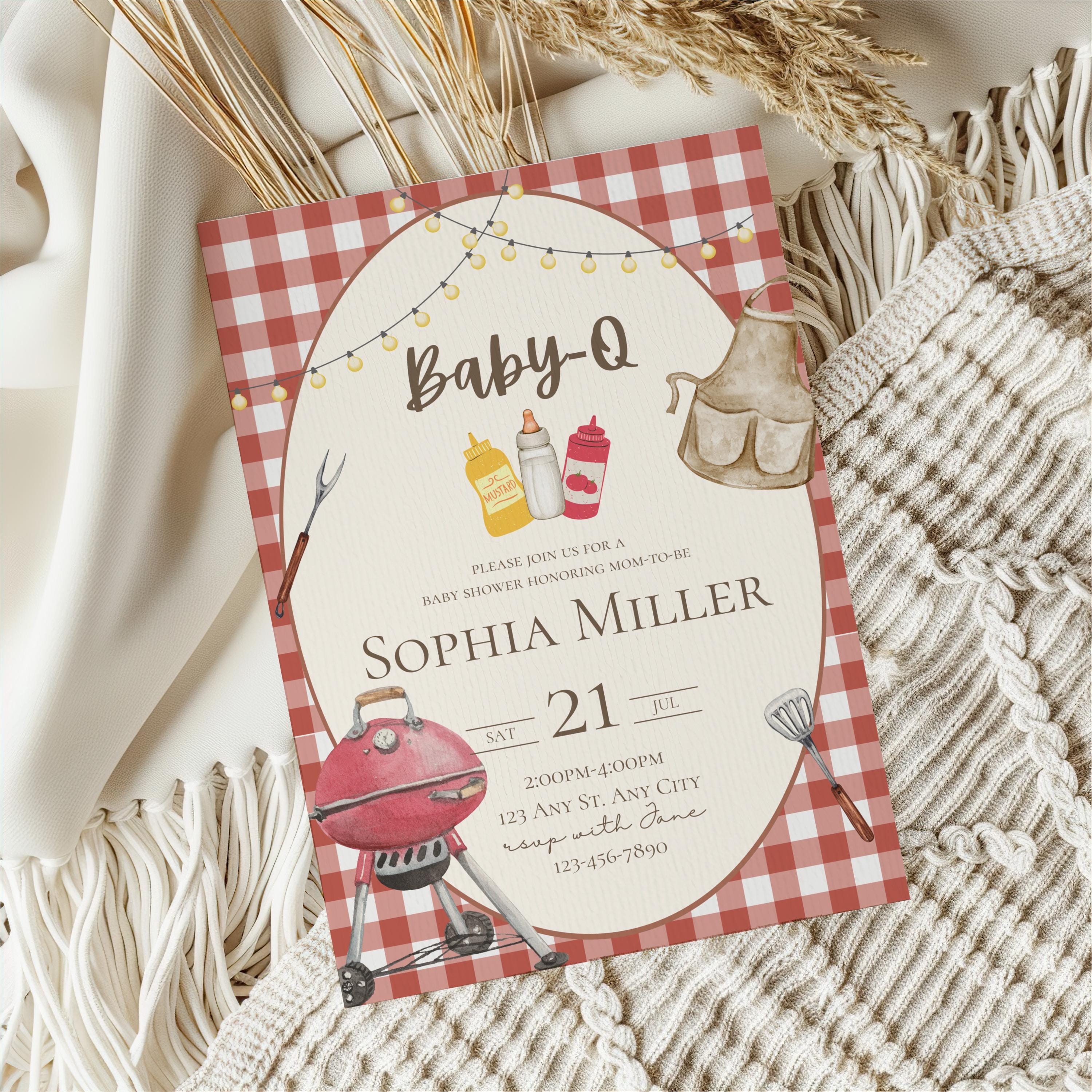 Invito per baby shower Baby-Q, invito per baby shower BBQ, invito per baby shower a tema barbecue, invito gender neutral, modello MODIFICABILE, Canva