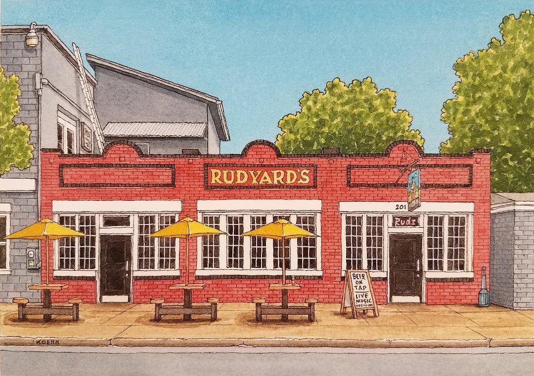 "Di Rudyard. 5\" x 7\". Houston Texas. Pittura ad acquerello. Stampa d'arte. Houston Music. Jim Koehn Art. Strade di Houston. Houston Art. Montrose."