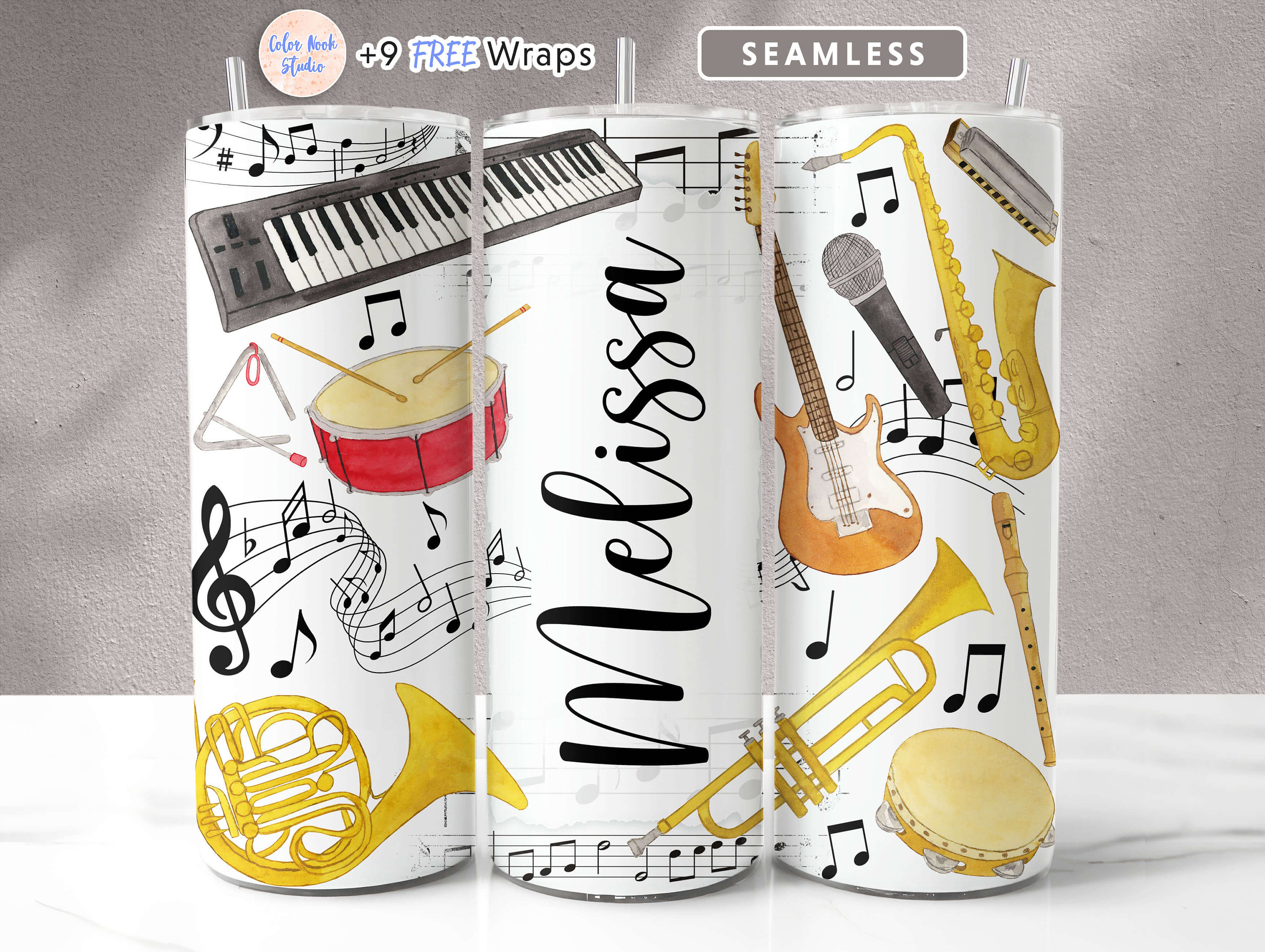 Design avvolgente per bicchiere musicale Aggiungi il tuo nome/testo Musicista Sublimazione senza soluzione di continuità Tumbler magro da 20 oz PNG Do