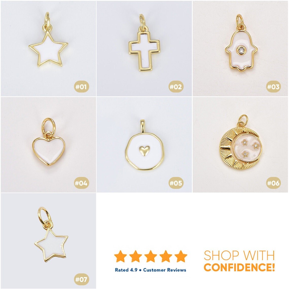 Collana con ciondolo a forma di croce e stella in smalto bianco con micro pavé di zirconi riempiti in oro, ciondolo aggiuntivo a forma di mano di Hams