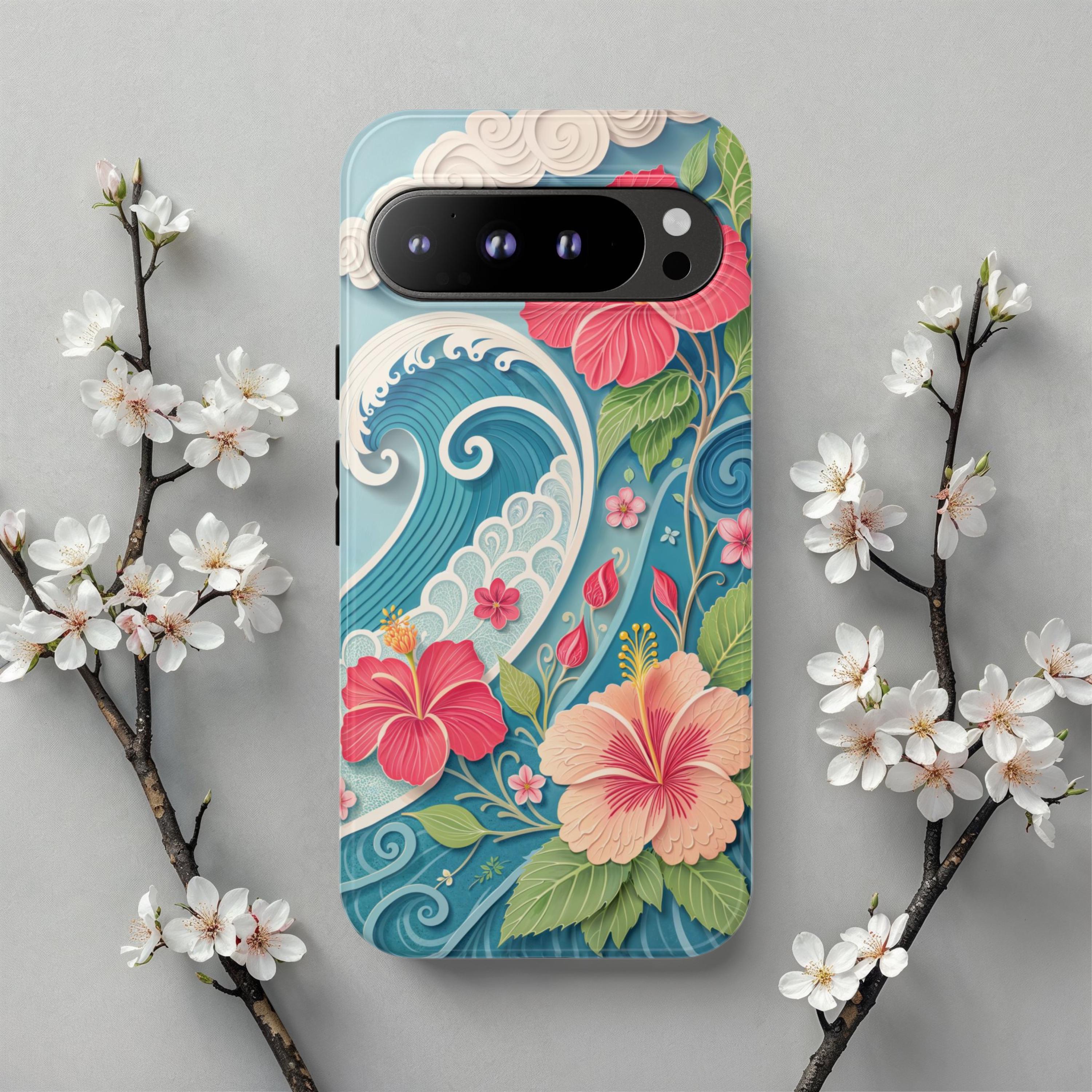 Custodia resistente per iPhone con motivo onde tropicali di ibisco, vivace design floreale oceanico per iPhone 17 - iPhone 8, Galaxy Quest 26, Google