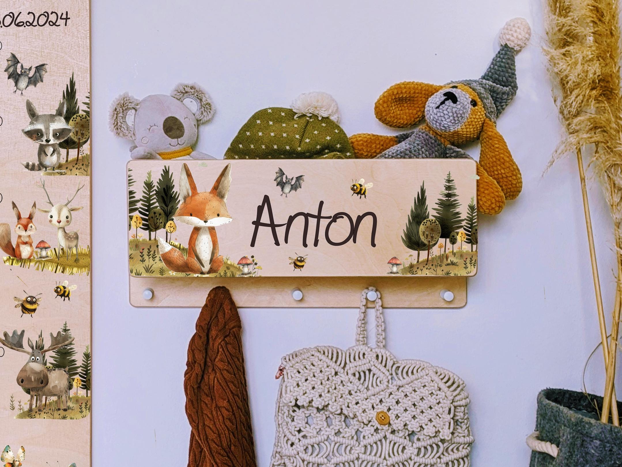 Armadio per bambini Armadio per bambini con ripiano Cameretta per bambini Nome personalizzato Ganci appendiabiti personalizzabili Animali della forest