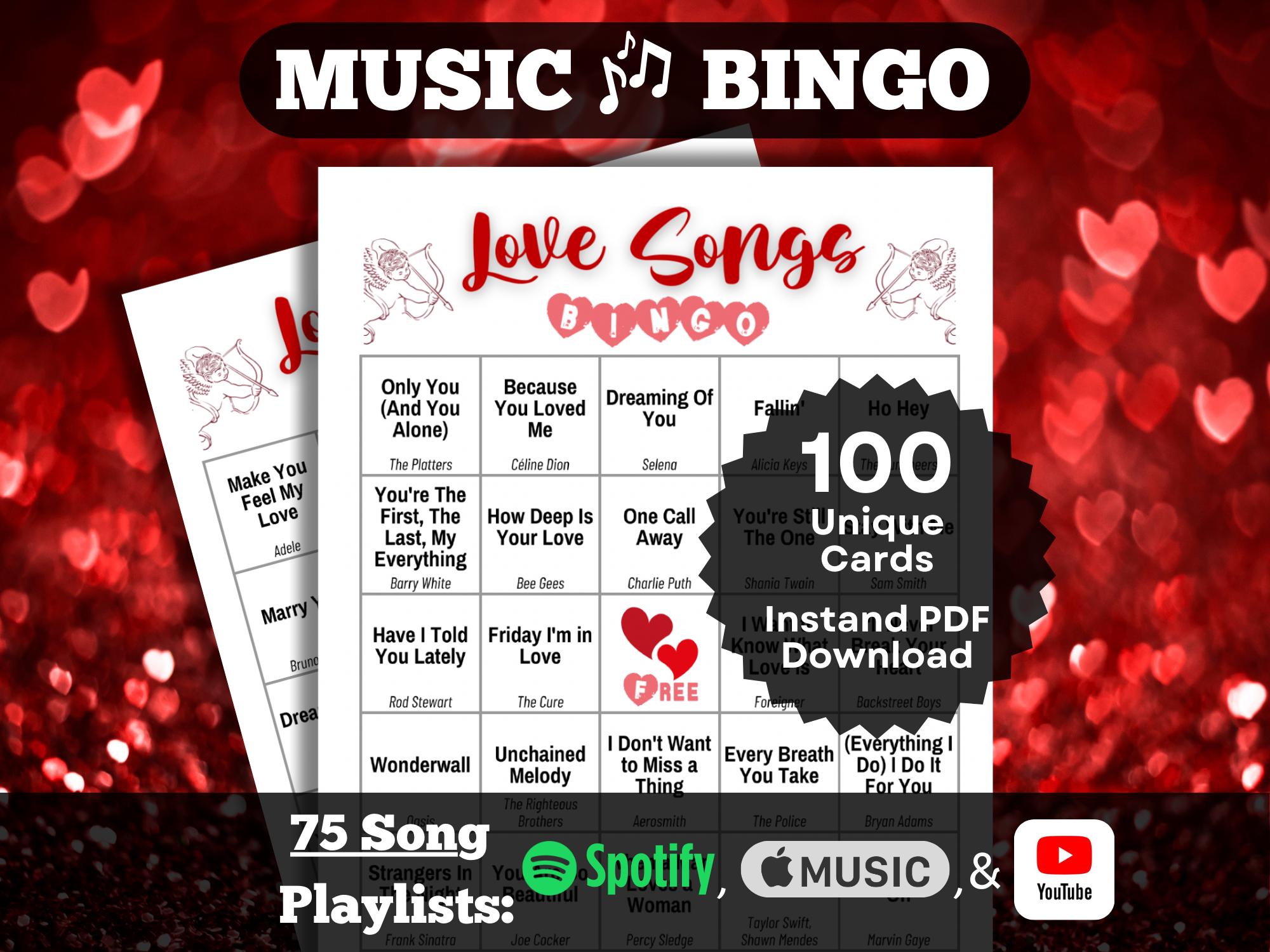 Bingo delle canzoni d'amore / Cartelle del bingo di San Valentino / Gioco per il giorno di San Valentino e per la festa nuziale / 100 carte / Download