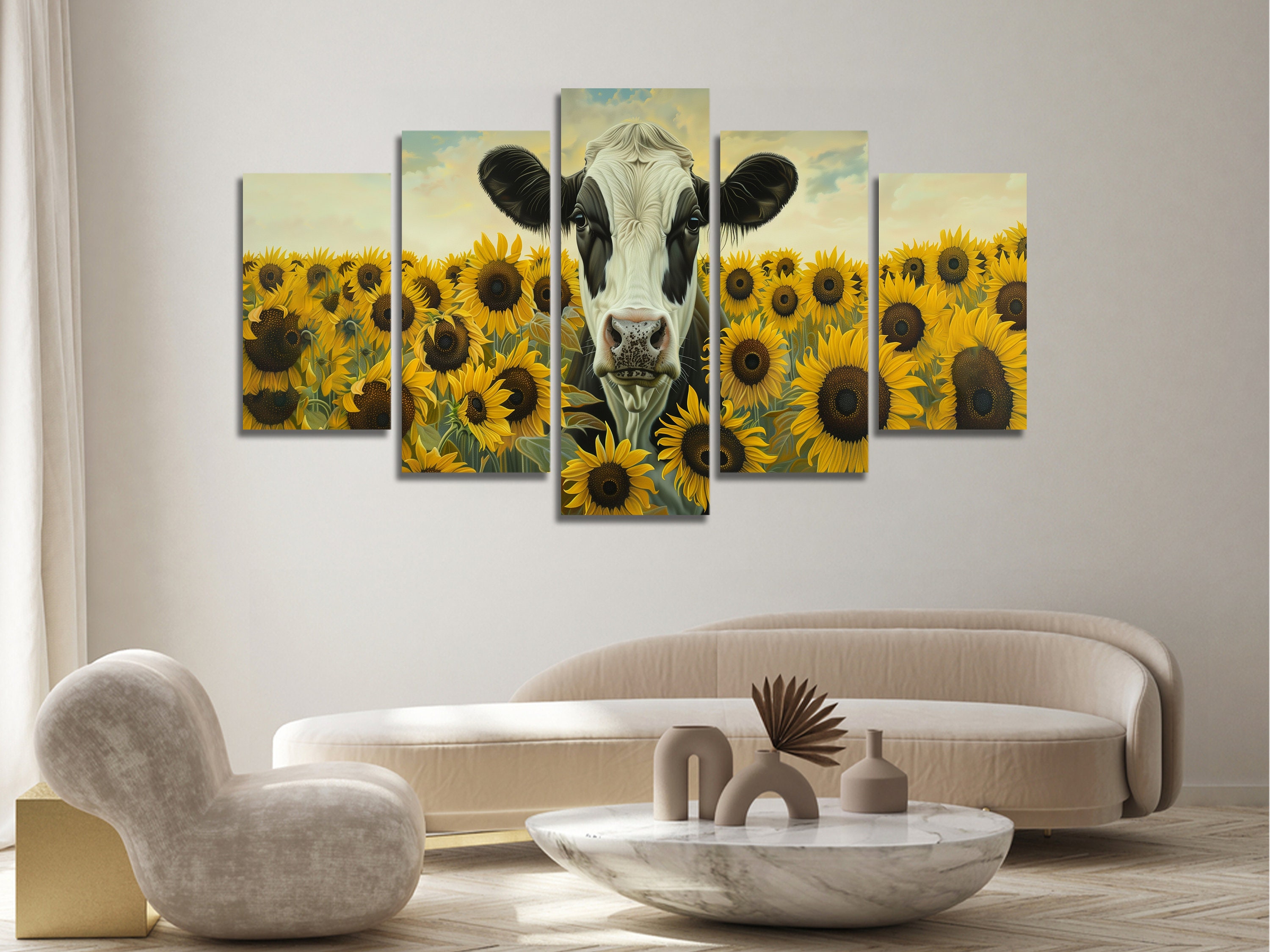 Mucca e girasoli Multi Canvas Wall Art, Grande Canvas Wall Art con cornice, Extra Large Canvas Wall Art con cornice, 3 4 5 pezzi Canvas Wall Art