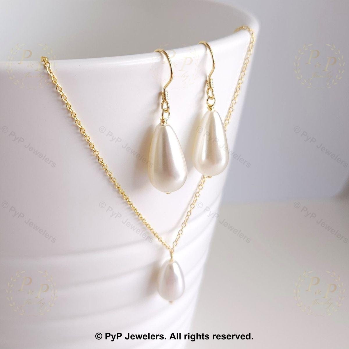 Set di collana e orecchini con perle a goccia, set di collana e orecchini con perle a goccia, collana e orecchini da sposa, regalo per damigella d'ono