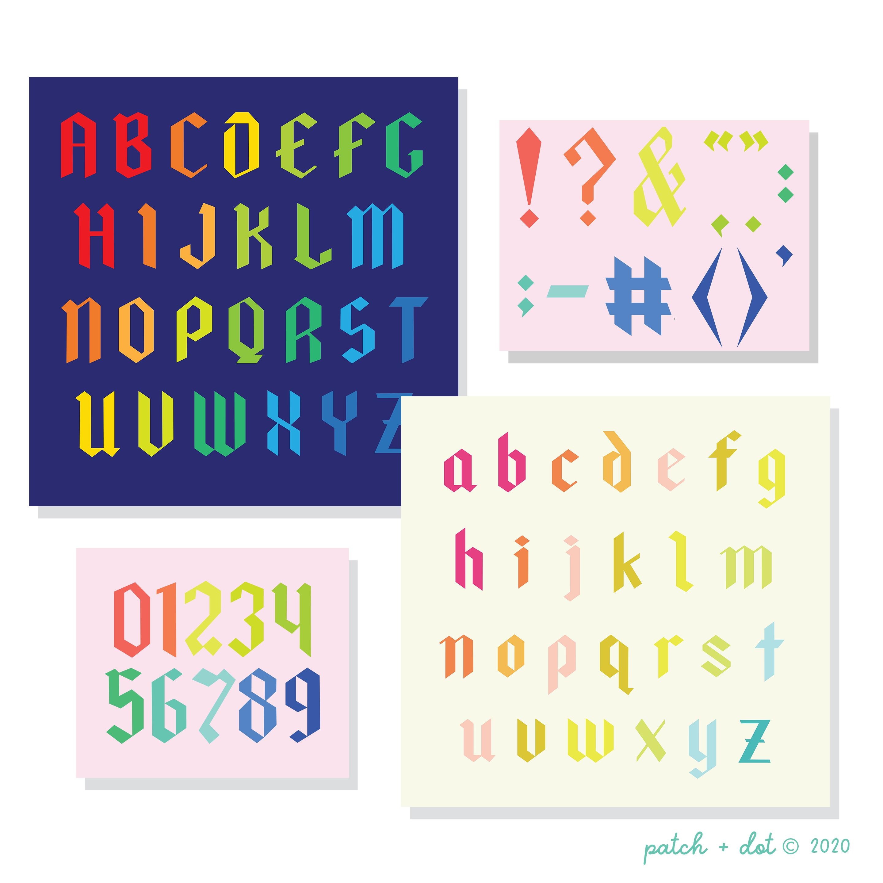 Modelli di trapunte con alfabeto FPP - Lettere maiuscole e minuscole, numeri, punteggiatura - Pacchetto Blackletter